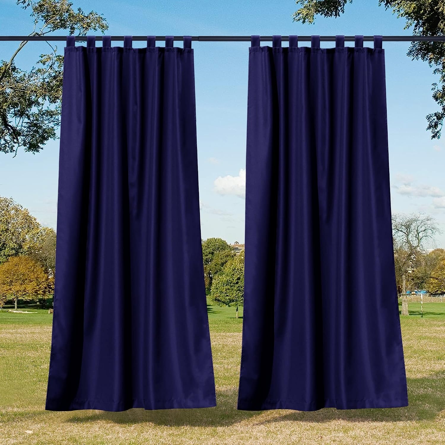 image:imageNICETOWN 2 Panels Outdoor Curtains for Patio Waterproof Vertical Blind Detachable Sticky Tab Top Thermal Insulated Privacy Protected Outdoor Divider Window Treatment for Pergola W52 x L108Inch TanDark Blue
