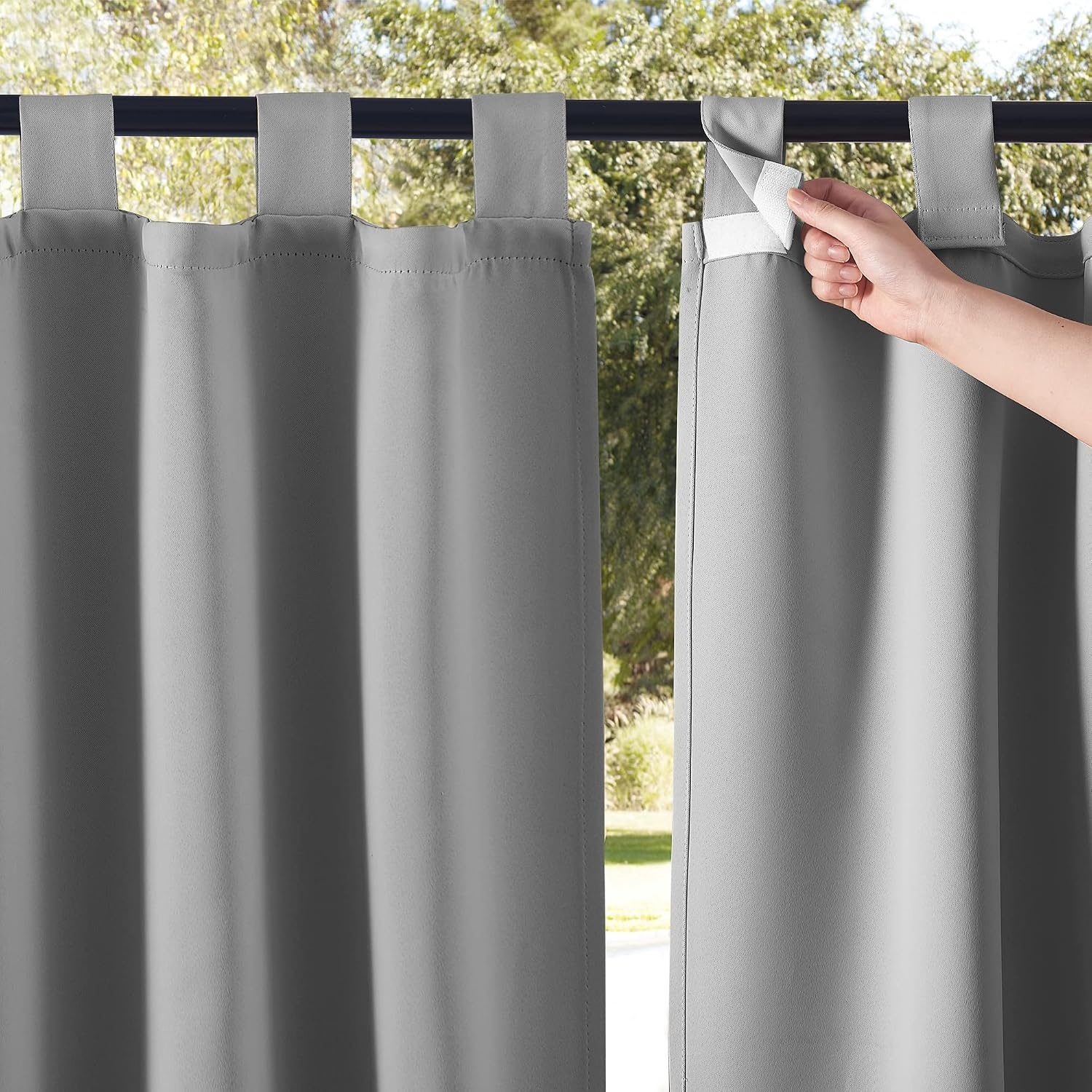 image:imageNICETOWN 2 Panels Outdoor Curtains for Patio Waterproof Vertical Blind Detachable Sticky Tab Top Thermal Insulated Privacy Protected Outdoor Divider Window Treatment for Pergola W52 x L108Inch TanSilver Grey