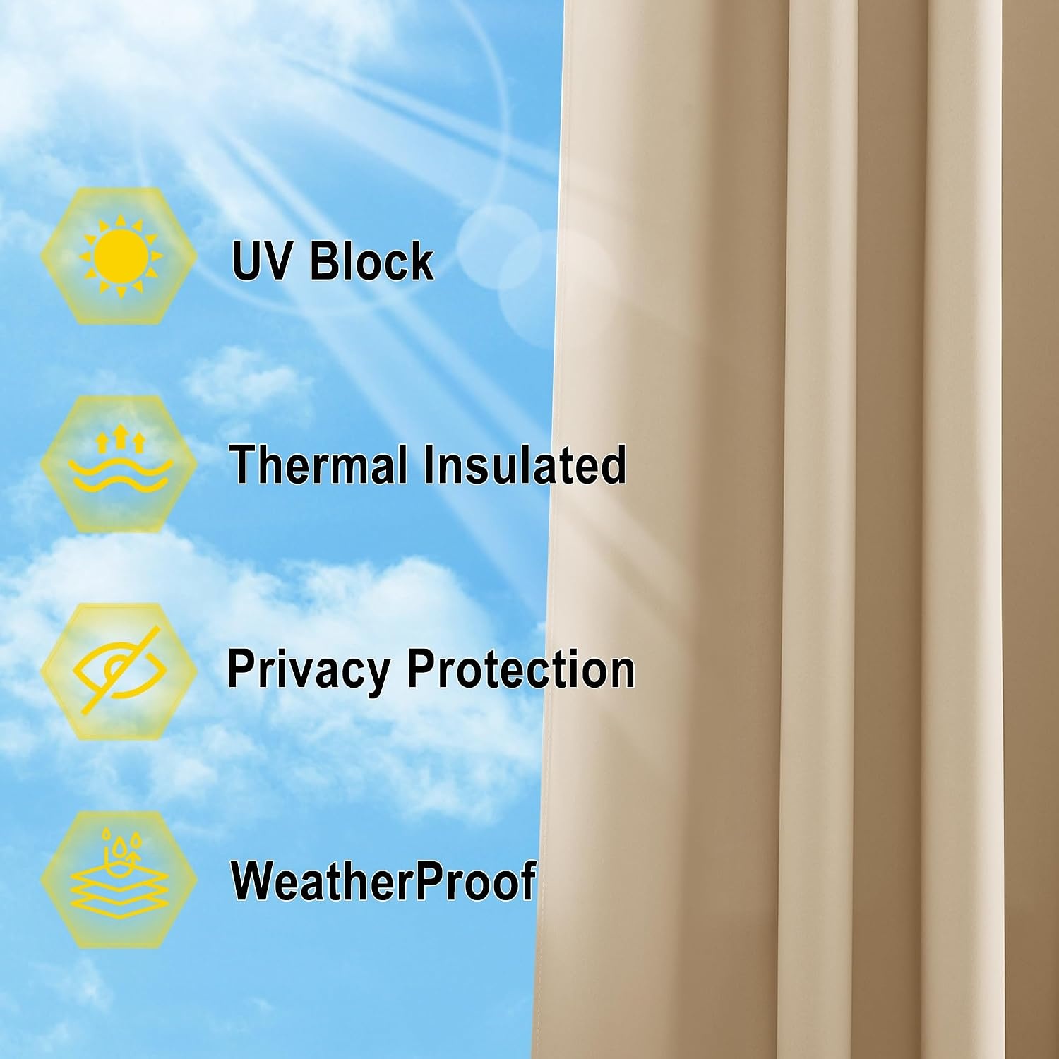 image:imageNICETOWN 2 Panels Outdoor Curtains for Patio Waterproof Vertical Blind Detachable Sticky Tab Top Thermal Insulated Privacy Protected Outdoor Divider Window Treatment for Pergola W52 x L108Inch TanBiscotti Beige