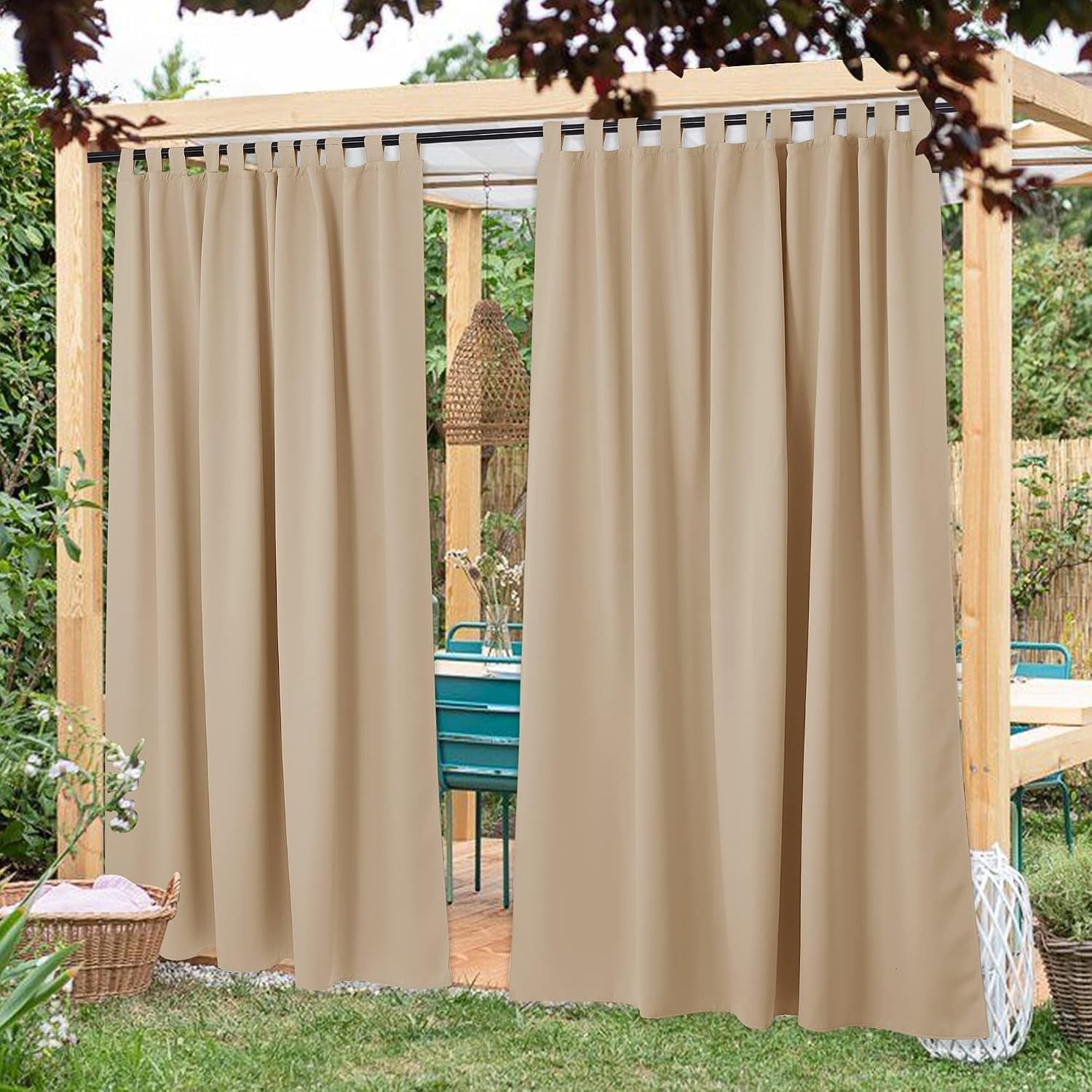 image:imageNICETOWN 2 Panels Outdoor Curtains for Patio Waterproof Vertical Blind Detachable Sticky Tab Top Thermal Insulated Privacy Protected Outdoor Divider Window Treatment for Pergola W52 x L108Inch TanBiscotti Beige