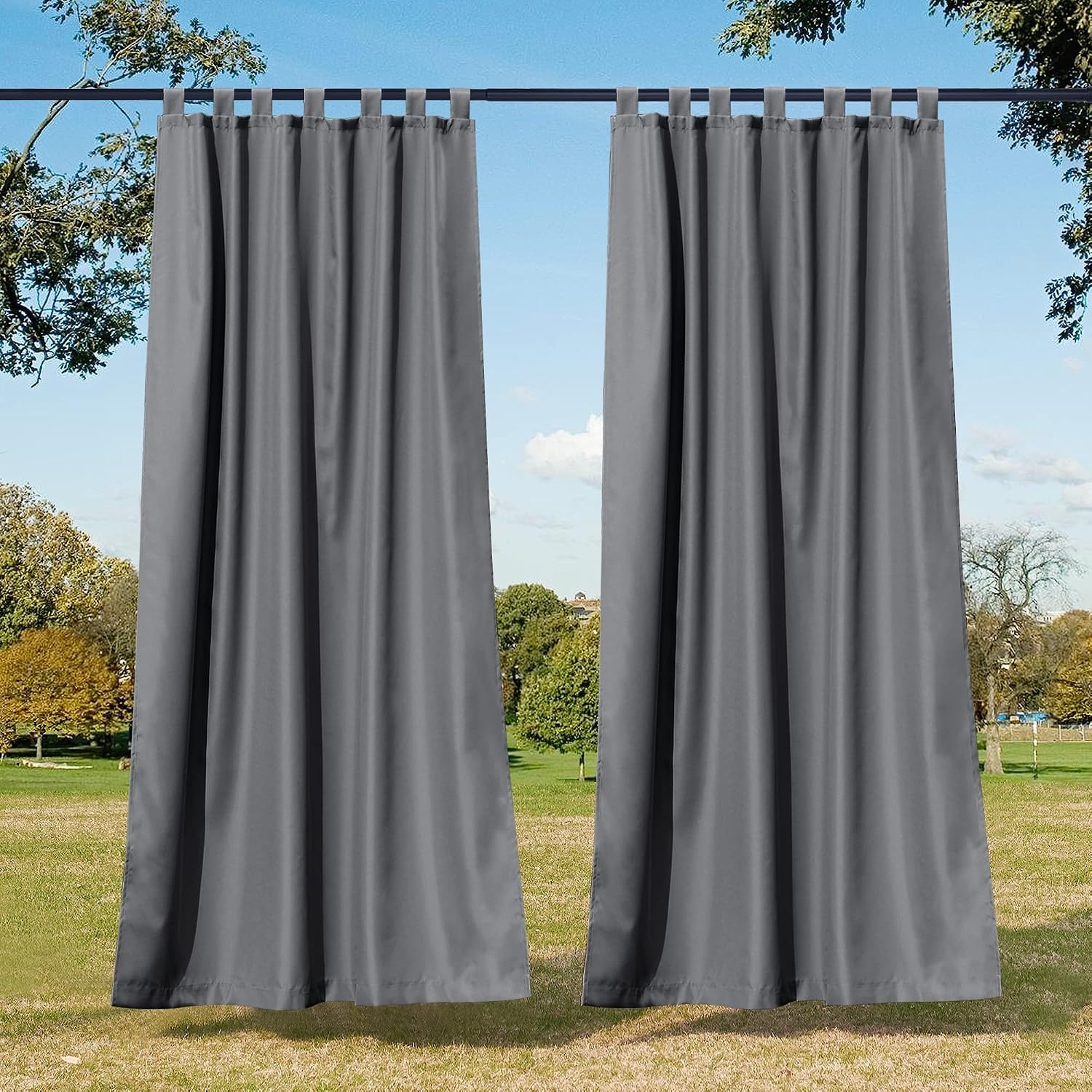 image:imageNICETOWN 2 Panels Outdoor Curtains for Patio Waterproof Vertical Blind Detachable Sticky Tab Top Thermal Insulated Privacy Protected Outdoor Divider Window Treatment for Pergola W52 x L108Inch TanDark Grey