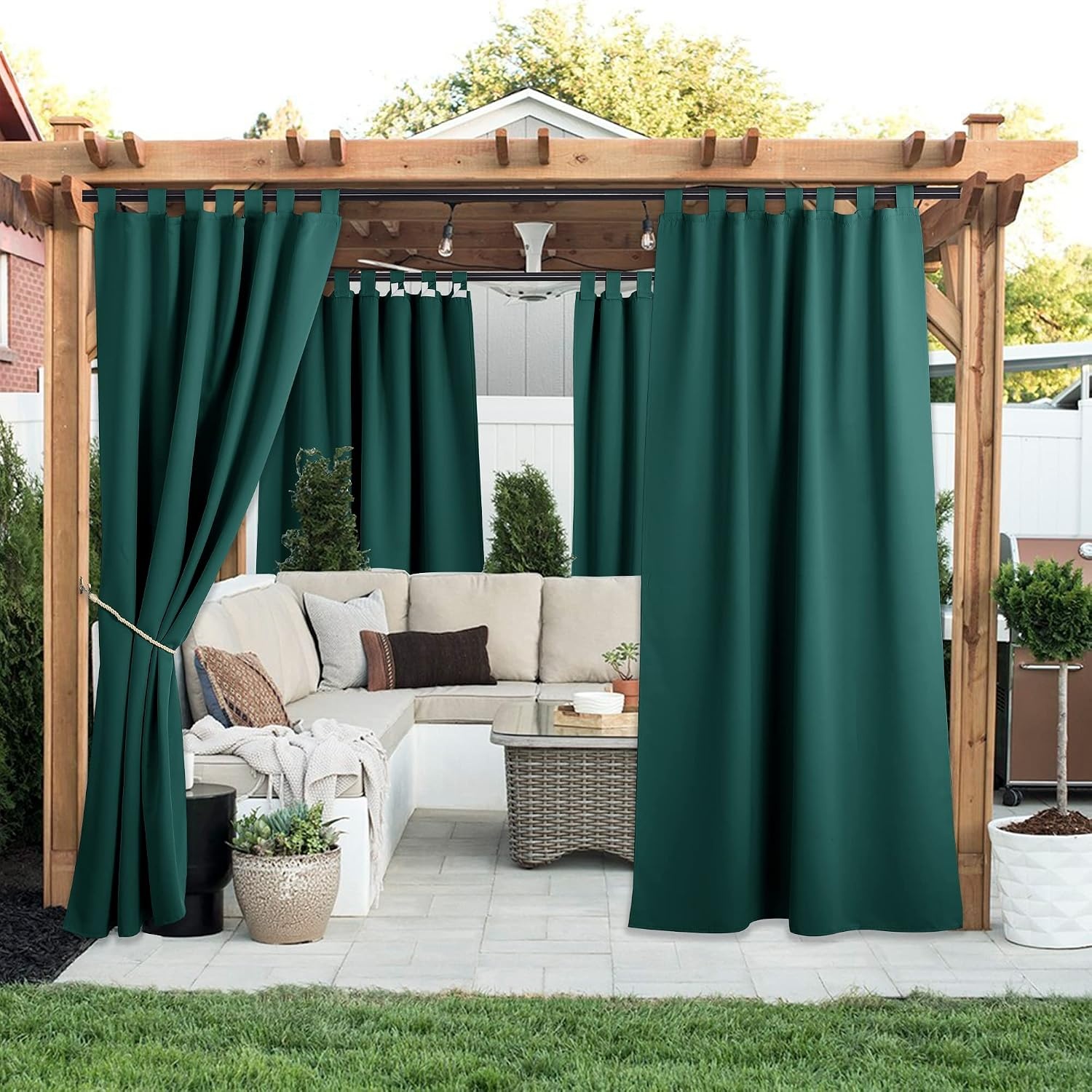 image:imageNICETOWN 2 Panels Outdoor Curtains for Patio Waterproof Vertical Blind Detachable Sticky Tab Top Thermal Insulated Privacy Protected Outdoor Divider Window Treatment for Pergola W52 x L108Inch TanHunter Green