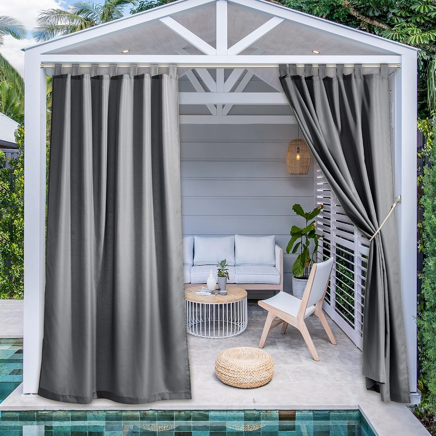 image:imageNICETOWN 2 Panels Outdoor Curtains for Patio Waterproof Vertical Blind Detachable Sticky Tab Top Thermal Insulated Privacy Protected Outdoor Divider Window Treatment for Pergola W52 x L108Inch TanDark Grey