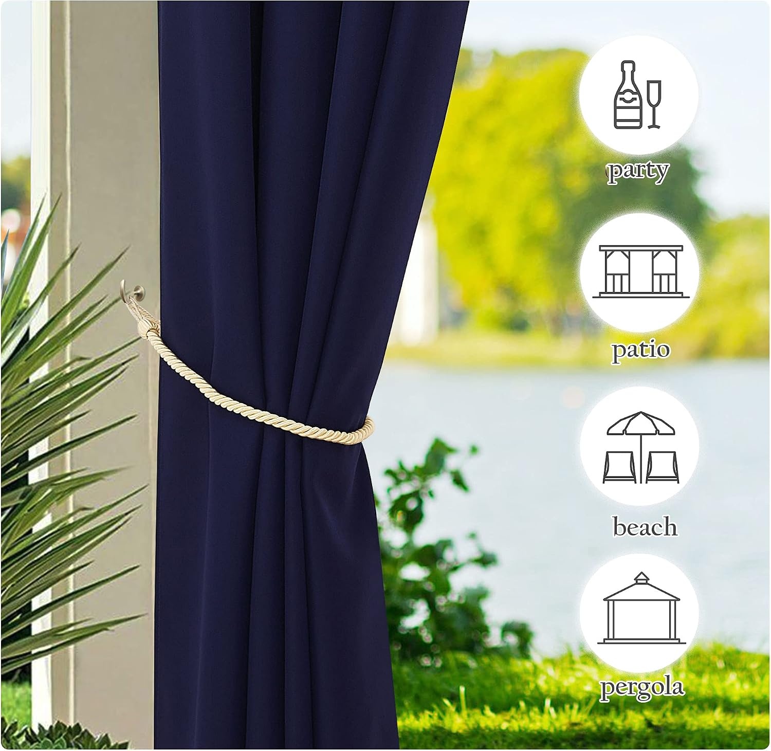 image:imageNICETOWN 2 Panels Outdoor Curtains for Patio Waterproof Vertical Blind Detachable Sticky Tab Top Thermal Insulated Privacy Protected Outdoor Divider Window Treatment for Pergola W52 x L108Inch TanDark Blue