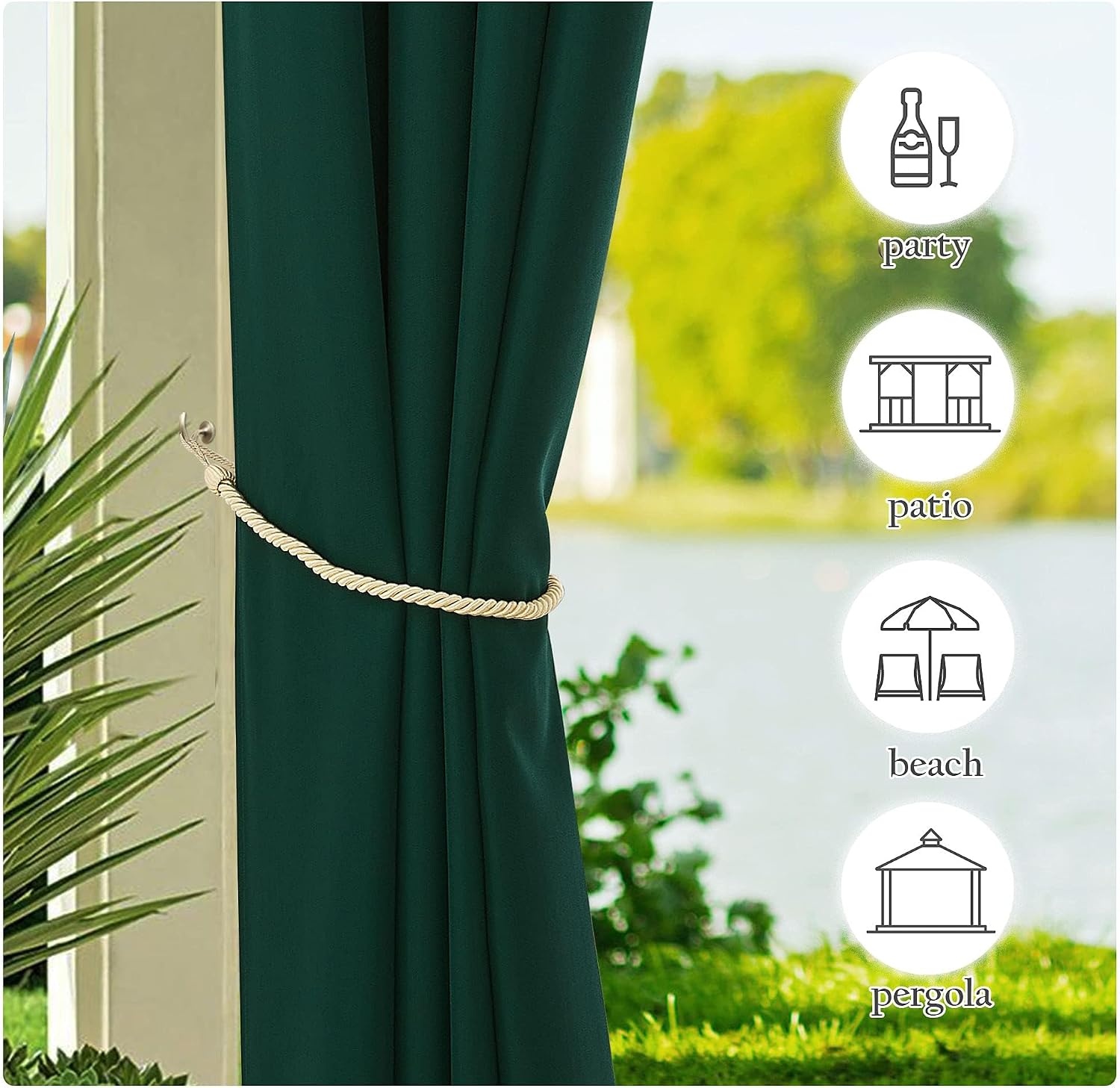 image:imageNICETOWN 2 Panels Outdoor Curtains for Patio Waterproof Vertical Blind Detachable Sticky Tab Top Thermal Insulated Privacy Protected Outdoor Divider Window Treatment for Pergola W52 x L108Inch TanDark Green