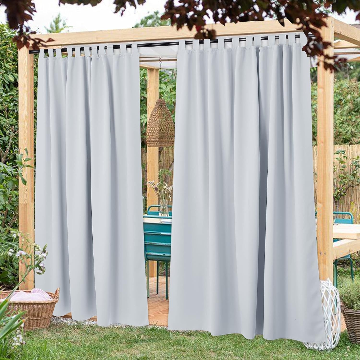 image:imageNICETOWN 2 Panels Outdoor Curtains for Patio Waterproof Vertical Blind Detachable Sticky Tab Top Thermal Insulated Privacy Protected Outdoor Divider Window Treatment for Pergola W52 x L108Inch TanGreyish White