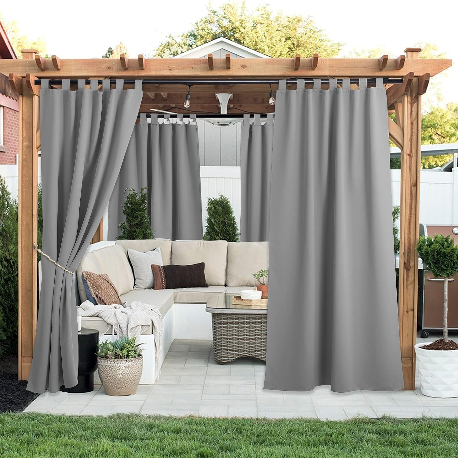 image:imageNICETOWN 2 Panels Outdoor Curtains for Patio Waterproof Vertical Blind Detachable Sticky Tab Top Thermal Insulated Privacy Protected Outdoor Divider Window Treatment for Pergola W52 x L108Inch TanSilver Grey
