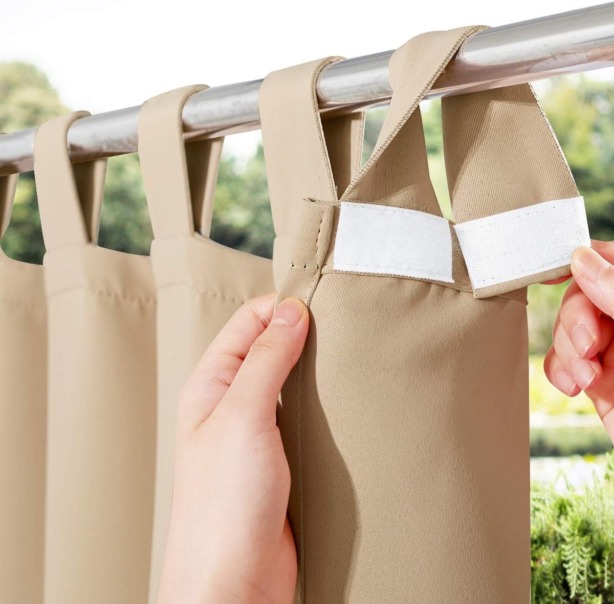 image:imageNICETOWN 2 Panels Outdoor Curtains for Patio Waterproof Vertical Blind Detachable Sticky Tab Top Thermal Insulated Privacy Protected Outdoor Divider Window Treatment for Pergola W52 x L108Inch TanBiscotti Beige