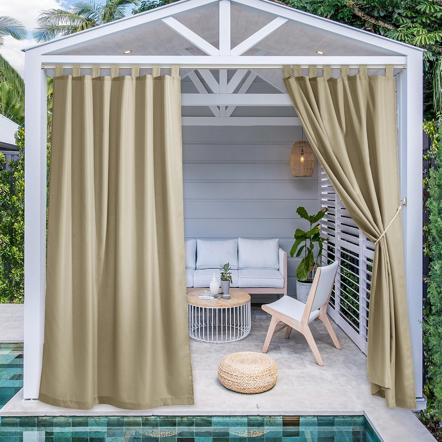 image:imageNICETOWN 2 Panels Outdoor Curtains for Patio Waterproof Vertical Blind Detachable Sticky Tab Top Thermal Insulated Privacy Protected Outdoor Divider Window Treatment for Pergola W52 x L108Inch TanTaupe