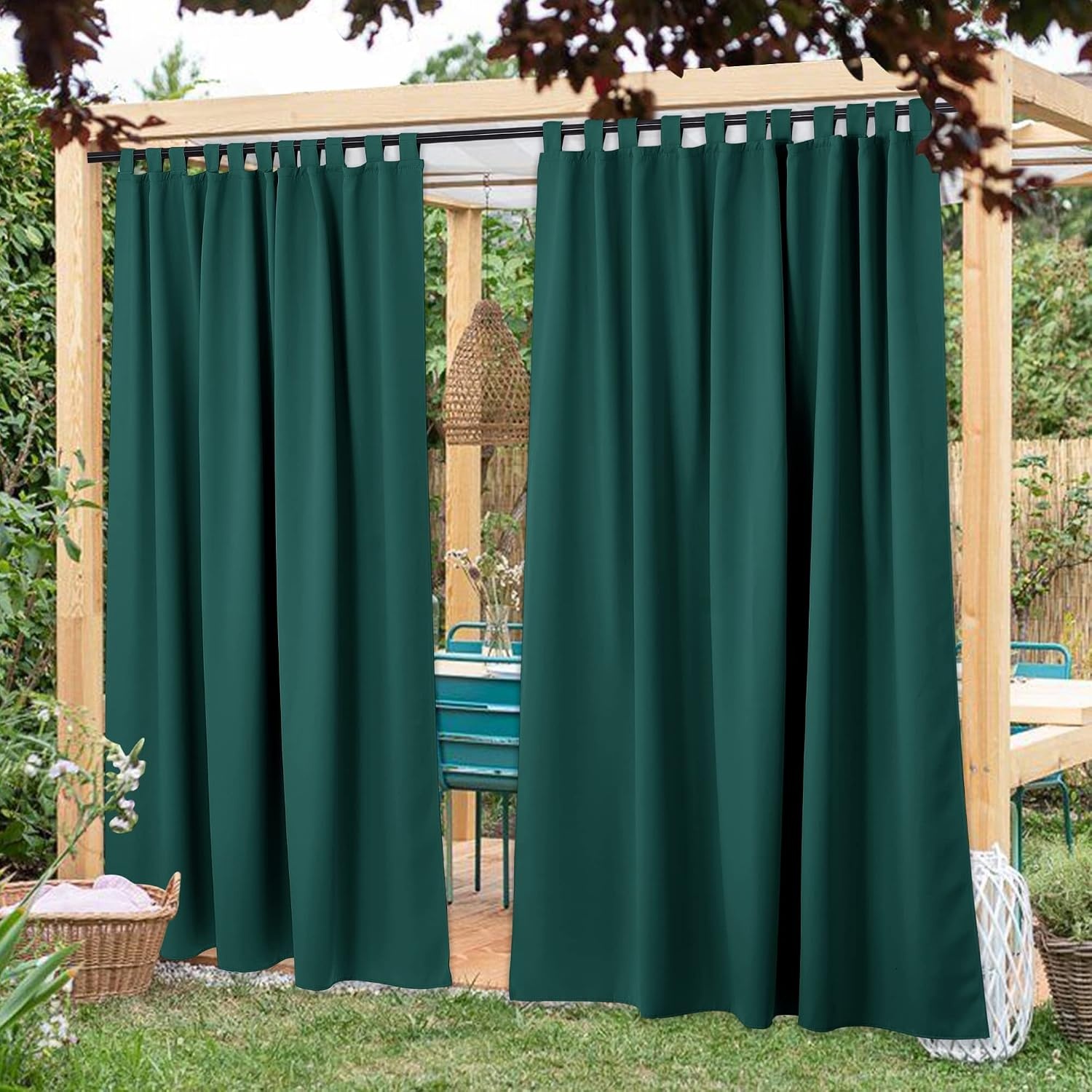 image:imageNICETOWN 2 Panels Outdoor Curtains for Patio Waterproof Vertical Blind Detachable Sticky Tab Top Thermal Insulated Privacy Protected Outdoor Divider Window Treatment for Pergola W52 x L108Inch TanHunter Green