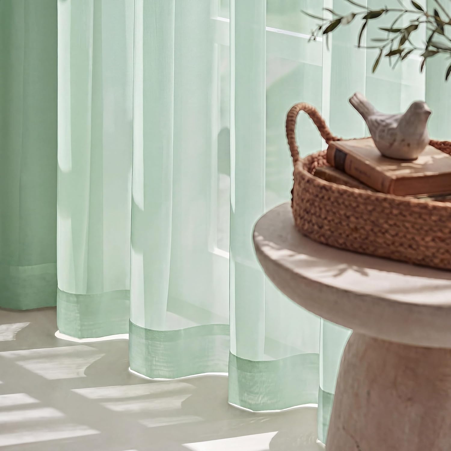 image:imageNICETOWN Black Sheer Curtains 96 Inches Long W42xL96 2 PanelsSage Green