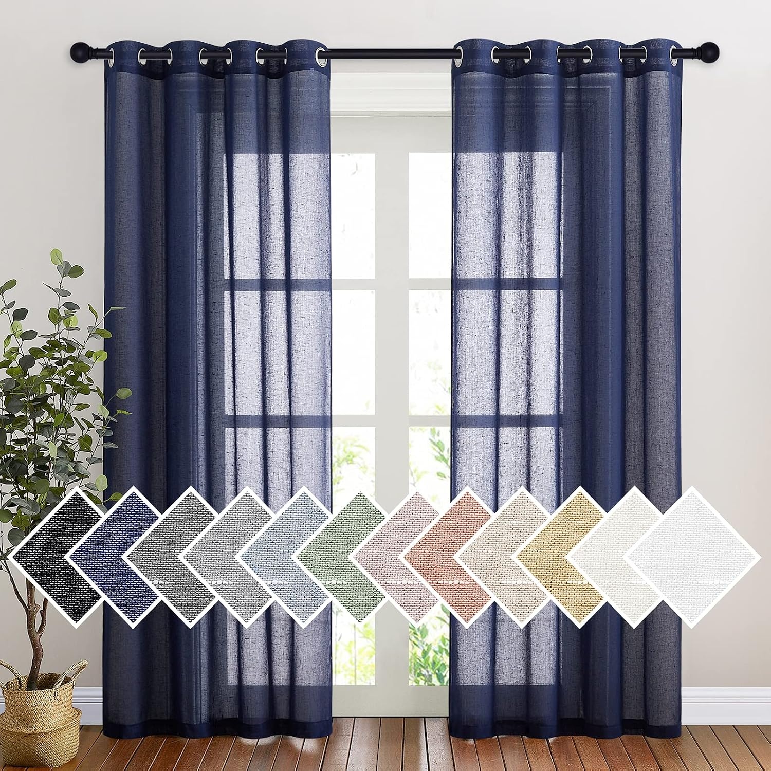 image:imageNICETOWN Linen Textured Semi Sheer Bedroom Curtains Grommet Top Casual Thick Semitransparent Flax Sheer Window Treatment Privacy for Living Room Camel W52 x L72 Sold by 2 PanelsDark Blue