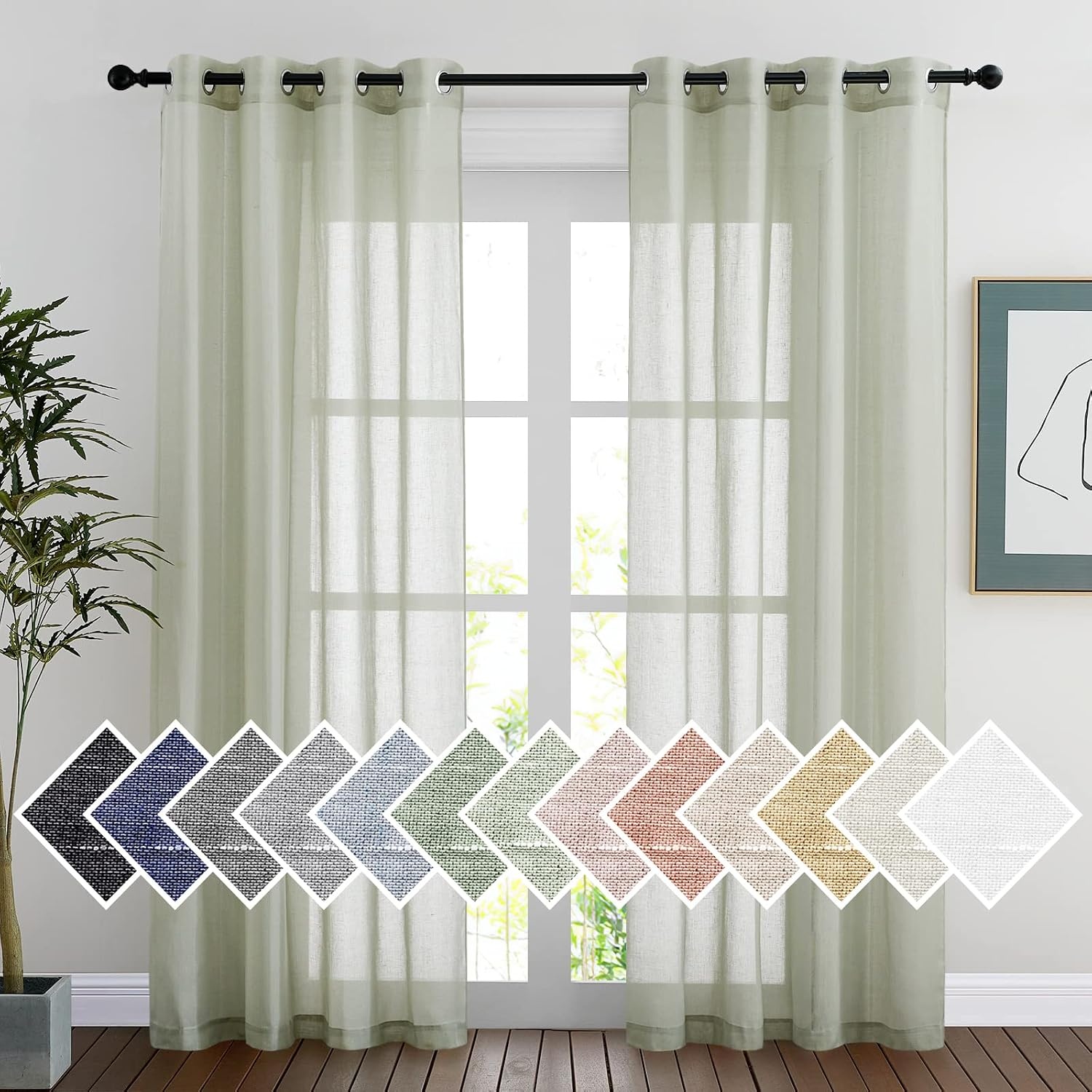 image:imageNICETOWN Linen Textured Semi Sheer Bedroom Curtains Grommet Top Casual Thick Semitransparent Flax Sheer Window Treatment Privacy for Living Room Camel W52 x L72 Sold by 2 PanelsSage Green