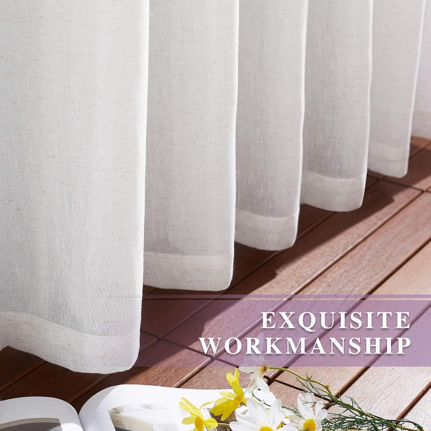 image:imageNICETOWN Linen Textured Semi Sheer Bedroom Curtains Grommet Top Casual Thick Semitransparent Flax Sheer Window Treatment Privacy for Living Room Camel W52 x L72 Sold by 2 PanelsOff White