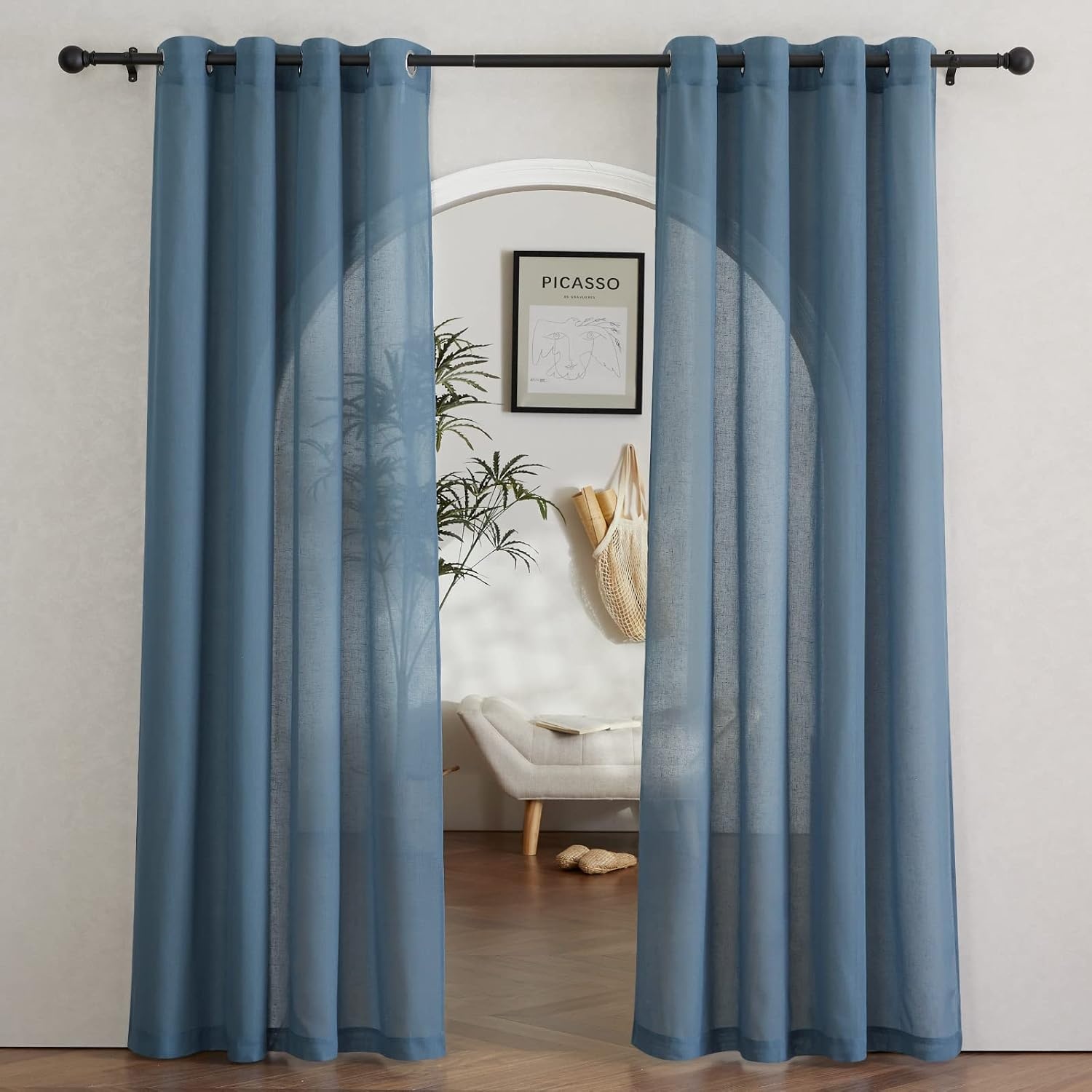 image:imageNICETOWN Linen Textured Semi Sheer Bedroom Curtains Grommet Top Casual Thick Semitransparent Flax Sheer Window Treatment Privacy for Living Room Camel W52 x L72 Sold by 2 PanelsStone Blue