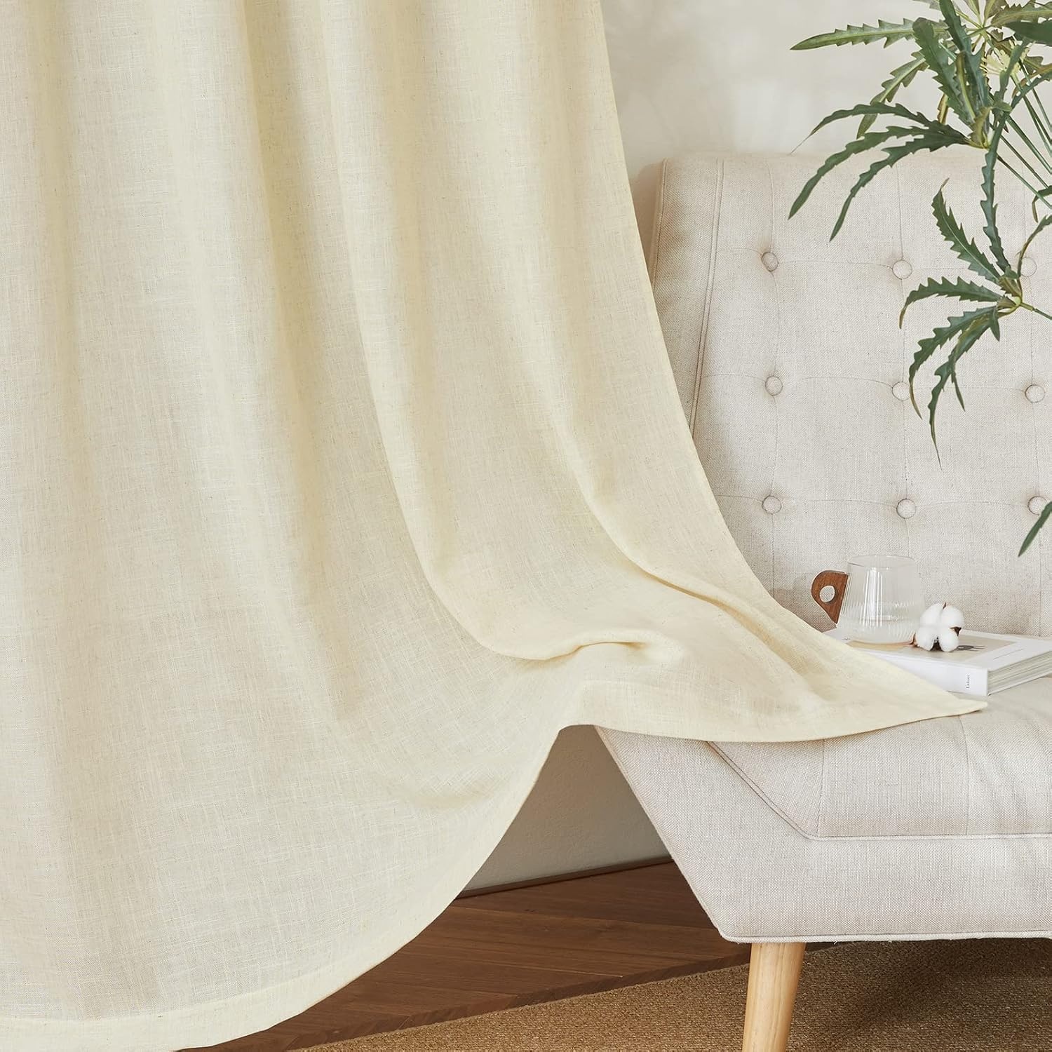 image:imageNICETOWN Linen Textured Semi Sheer Bedroom Curtains Grommet Top Casual Thick Semitransparent Flax Sheer Window Treatment Privacy for Living Room Camel W52 x L72 Sold by 2 PanelsLinen Butter