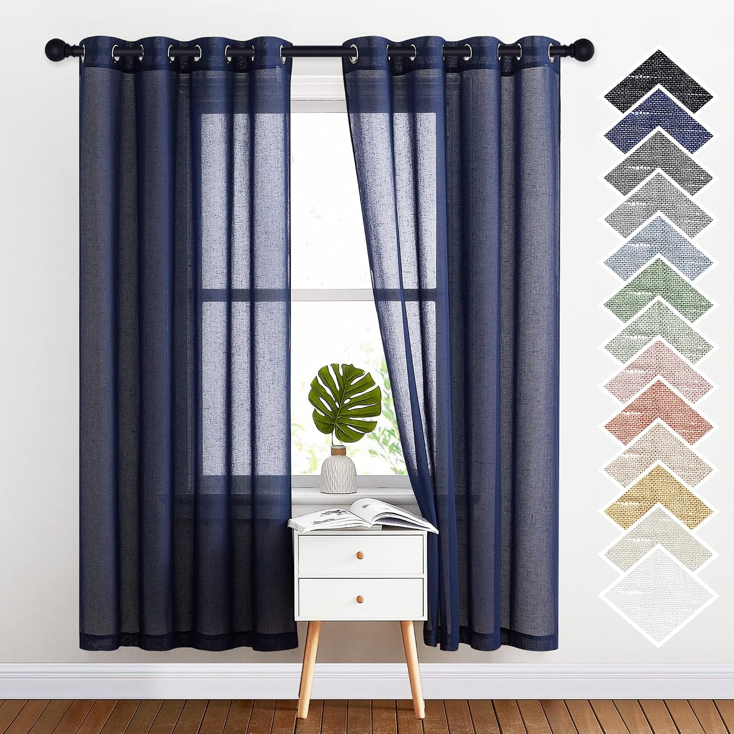 image:imageNICETOWN Linen Textured Semi Sheer Bedroom Curtains Grommet Top Casual Thick Semitransparent Flax Sheer Window Treatment Privacy for Living Room Camel W52 x L72 Sold by 2 PanelsDark Blue