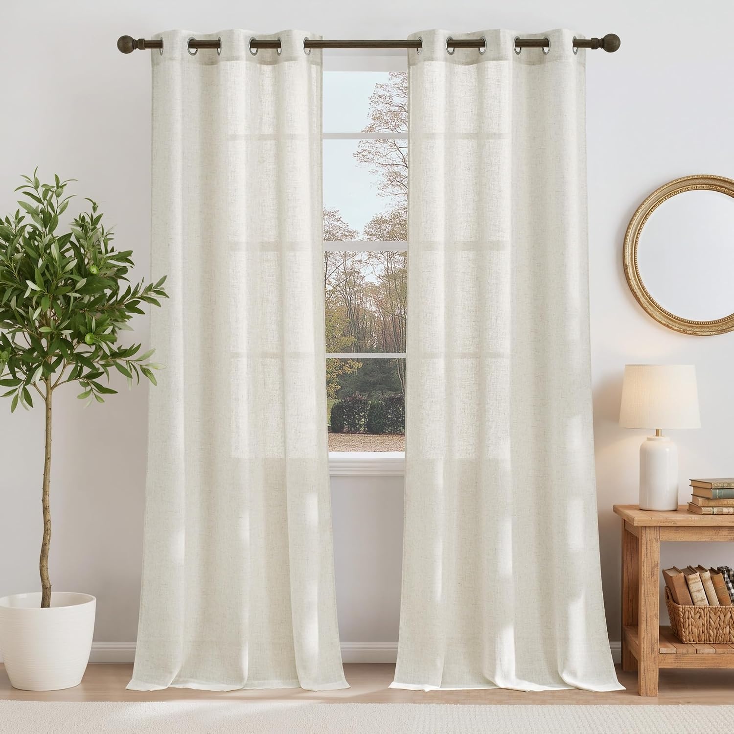 image:imageNICETOWN Linen Textured Semi Sheer Bedroom Curtains Grommet Top Casual Thick Semitransparent Flax Sheer Window Treatment Privacy for Living Room Camel W52 x L72 Sold by 2 PanelsLinen
