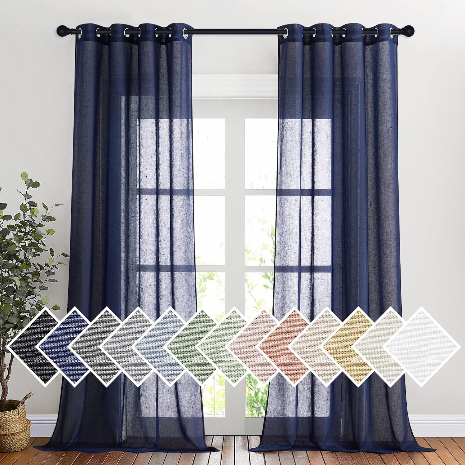 image:imageNICETOWN Linen Textured Semi Sheer Bedroom Curtains Grommet Top Casual Thick Semitransparent Flax Sheer Window Treatment Privacy for Living Room Camel W52 x L72 Sold by 2 PanelsDark Blue