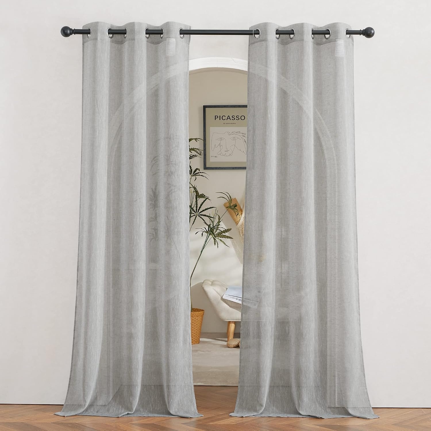 image:imageNICETOWN Linen Textured Semi Sheer Bedroom Curtains Grommet Top Casual Thick Semitransparent Flax Sheer Window Treatment Privacy for Living Room Camel W52 x L72 Sold by 2 PanelsGrey