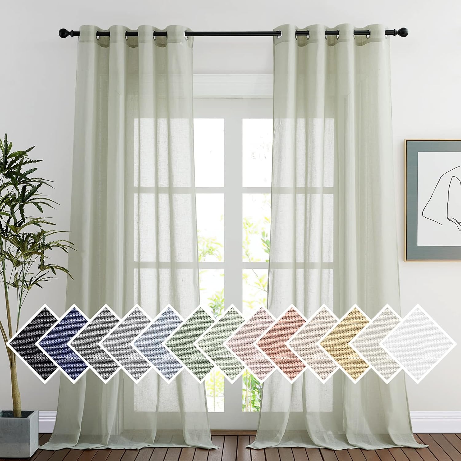 image:imageNICETOWN Linen Textured Semi Sheer Bedroom Curtains Grommet Top Casual Thick Semitransparent Flax Sheer Window Treatment Privacy for Living Room Camel W52 x L72 Sold by 2 PanelsSage Green