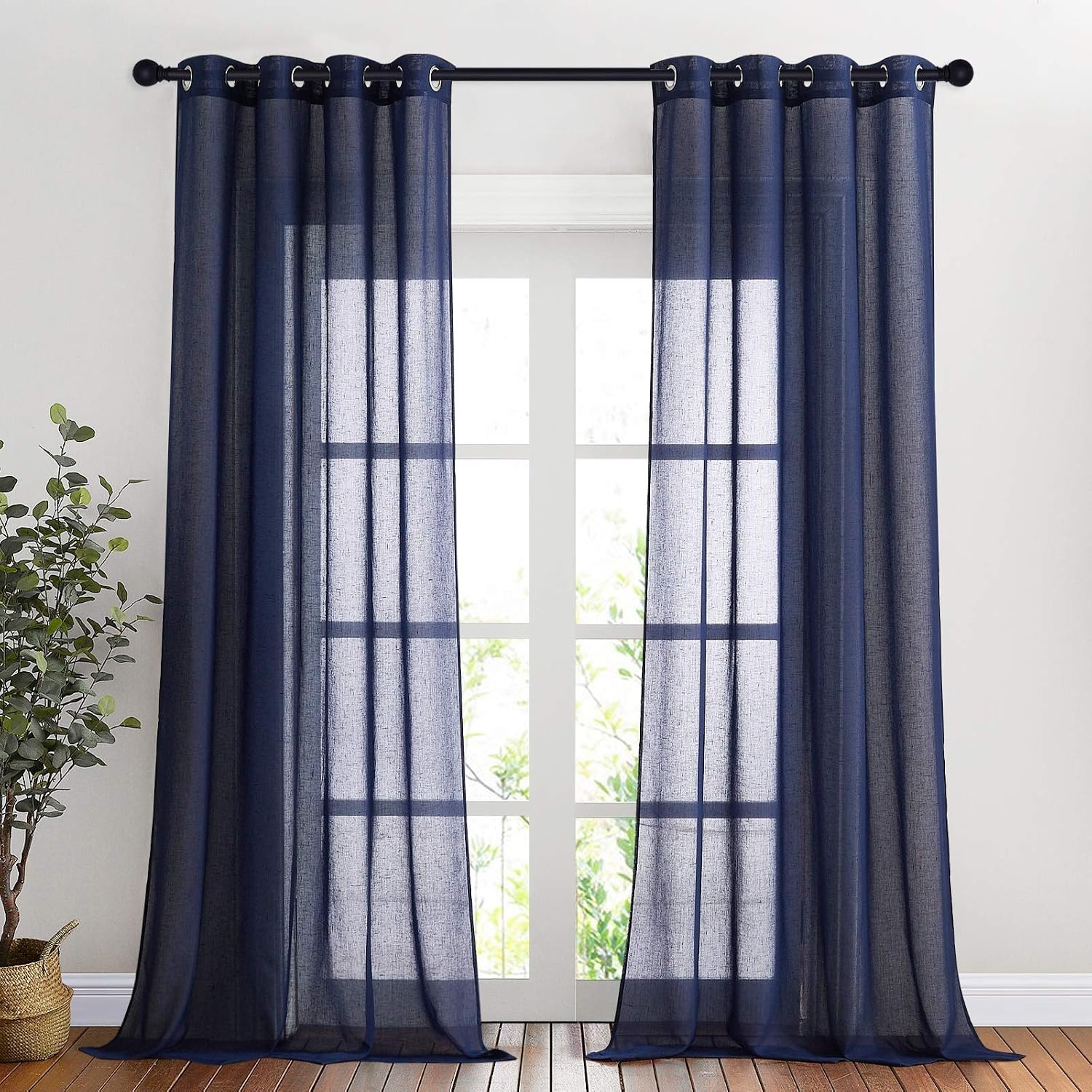 image:imageNICETOWN Linen Textured Semi Sheer Bedroom Curtains Grommet Top Casual Thick Semitransparent Flax Sheer Window Treatment Privacy for Living Room Camel W52 x L72 Sold by 2 PanelsDark Blue