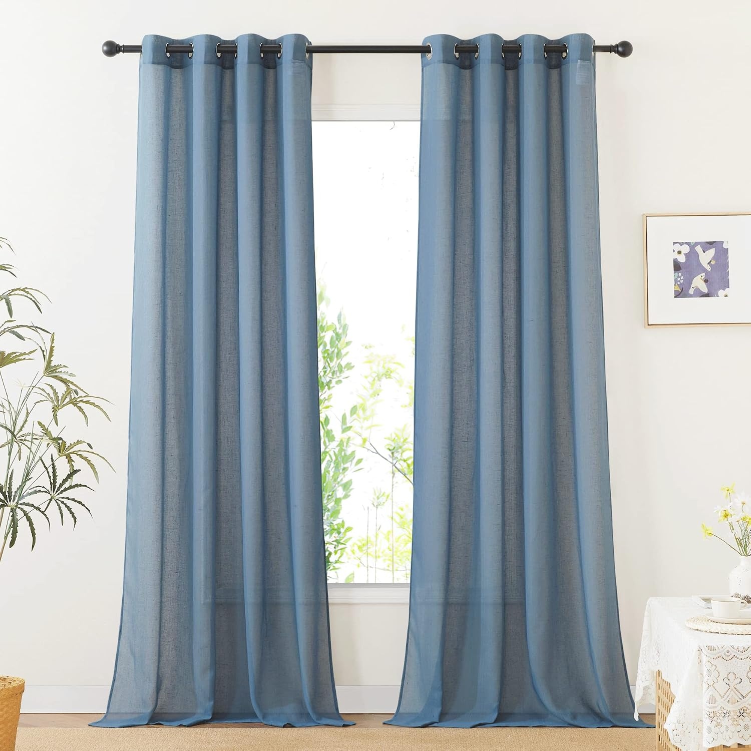 image:imageNICETOWN Linen Textured Semi Sheer Bedroom Curtains Grommet Top Casual Thick Semitransparent Flax Sheer Window Treatment Privacy for Living Room Camel W52 x L72 Sold by 2 PanelsStone Blue