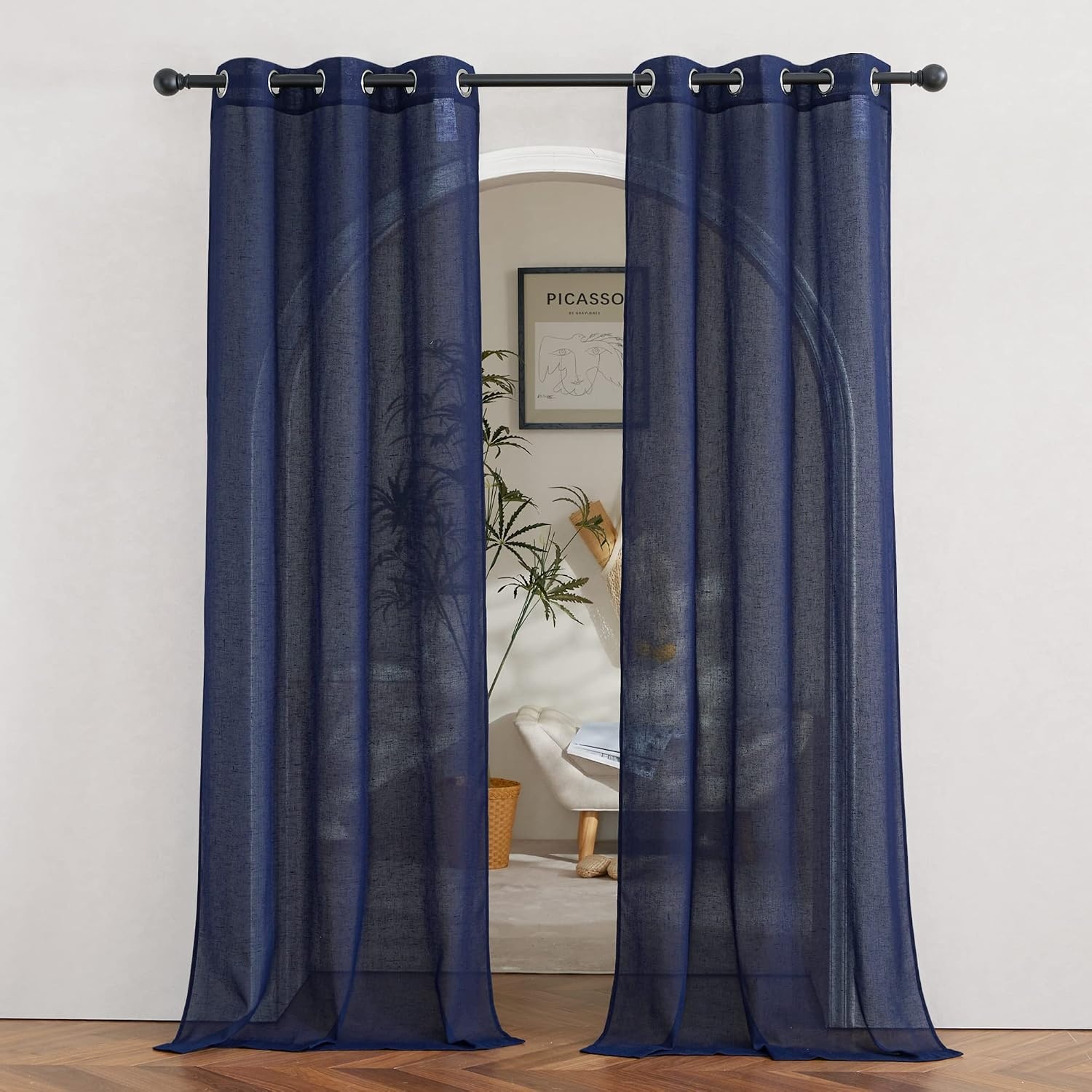 image:imageNICETOWN Linen Textured Semi Sheer Bedroom Curtains Grommet Top Casual Thick Semitransparent Flax Sheer Window Treatment Privacy for Living Room Camel W52 x L72 Sold by 2 PanelsDark Blue