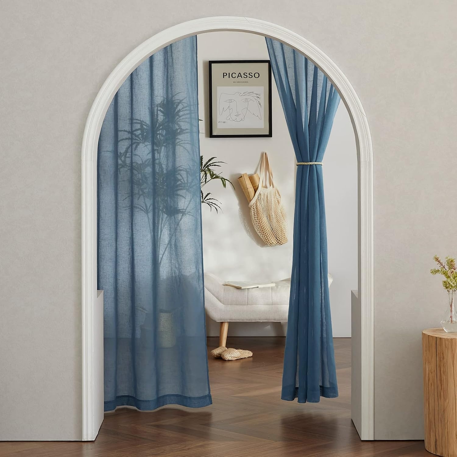 image:imageNICETOWN Linen Textured Semi Sheer Bedroom Curtains Grommet Top Casual Thick Semitransparent Flax Sheer Window Treatment Privacy for Living Room Camel W52 x L72 Sold by 2 PanelsStone Blue