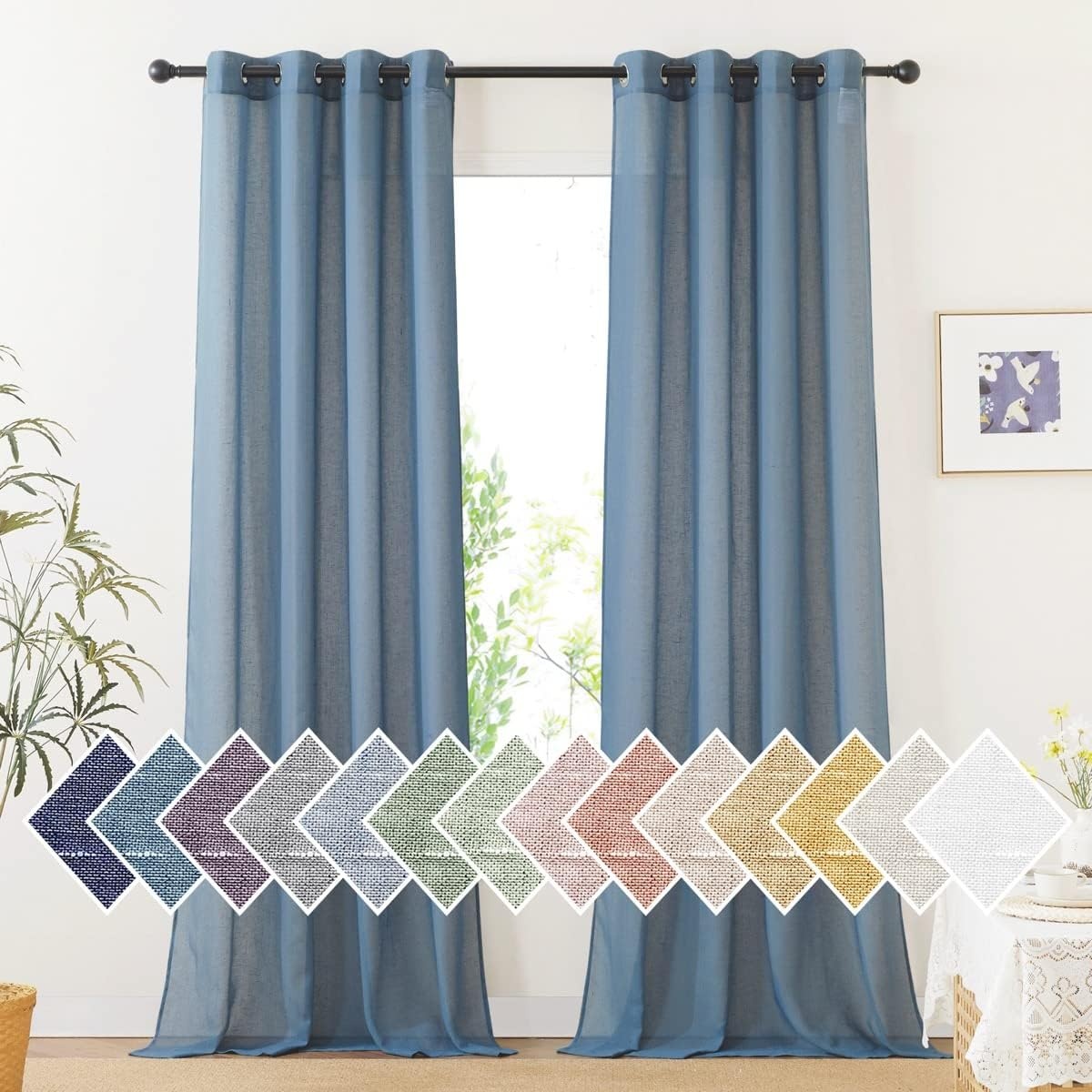 image:imageNICETOWN Linen Textured Semi Sheer Bedroom Curtains Grommet Top Casual Thick Semitransparent Flax Sheer Window Treatment Privacy for Living Room Camel W52 x L72 Sold by 2 PanelsStone Blue