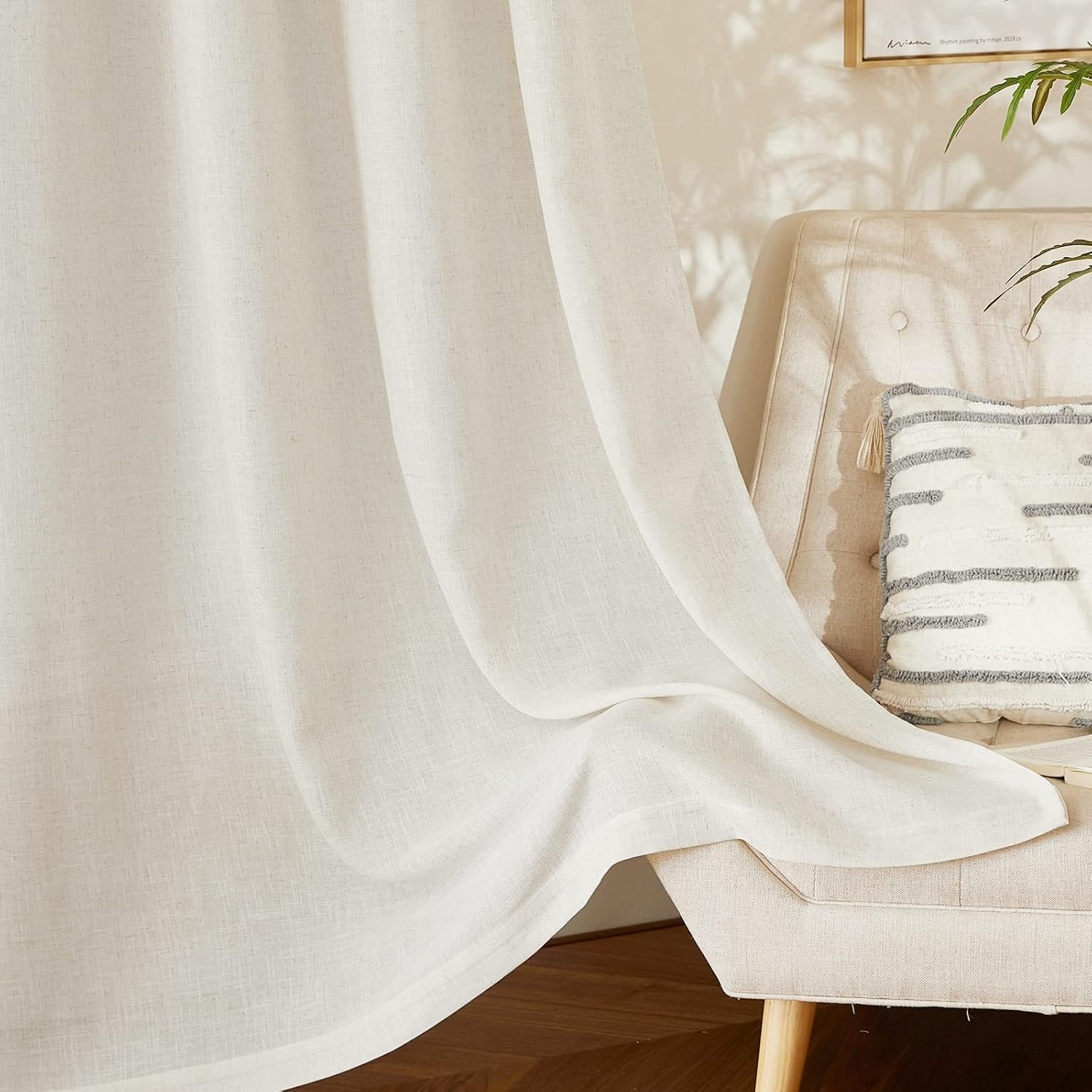 image:imageNICETOWN Linen Textured Semi Sheer Bedroom Curtains Grommet Top Casual Thick Semitransparent Flax Sheer Window Treatment Privacy for Living Room Camel W52 x L72 Sold by 2 PanelsLinen