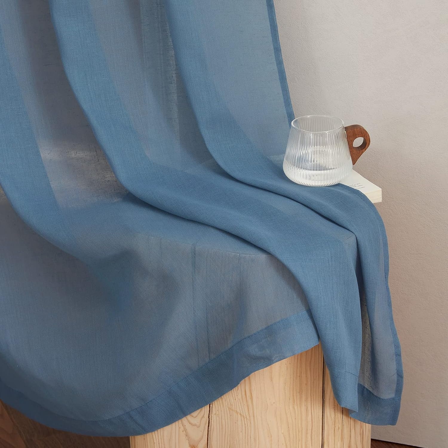 image:imageNICETOWN Linen Textured Semi Sheer Bedroom Curtains Grommet Top Casual Thick Semitransparent Flax Sheer Window Treatment Privacy for Living Room Camel W52 x L72 Sold by 2 PanelsStone Blue