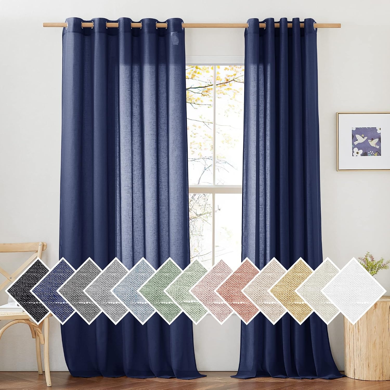 image:imageNICETOWN Linen Textured Semi Sheer Bedroom Curtains Grommet Top Casual Thick Semitransparent Flax Sheer Window Treatment Privacy for Living Room Camel W52 x L72 Sold by 2 PanelsDark Blue