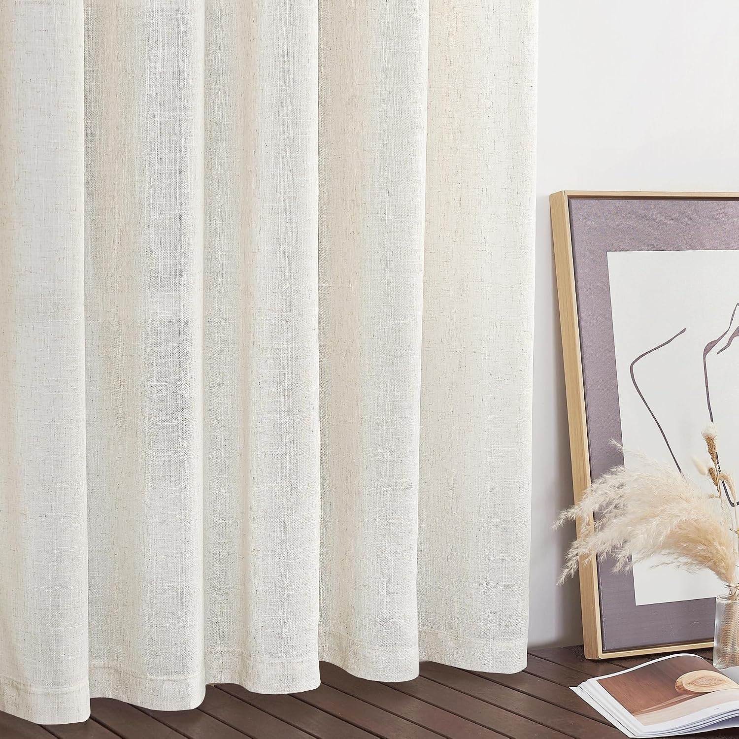 image:imageNICETOWN Linen Textured Semi Sheer Bedroom Curtains Grommet Top Casual Thick Semitransparent Flax Sheer Window Treatment Privacy for Living Room Camel W52 x L72 Sold by 2 PanelsLinen Flax Sheer