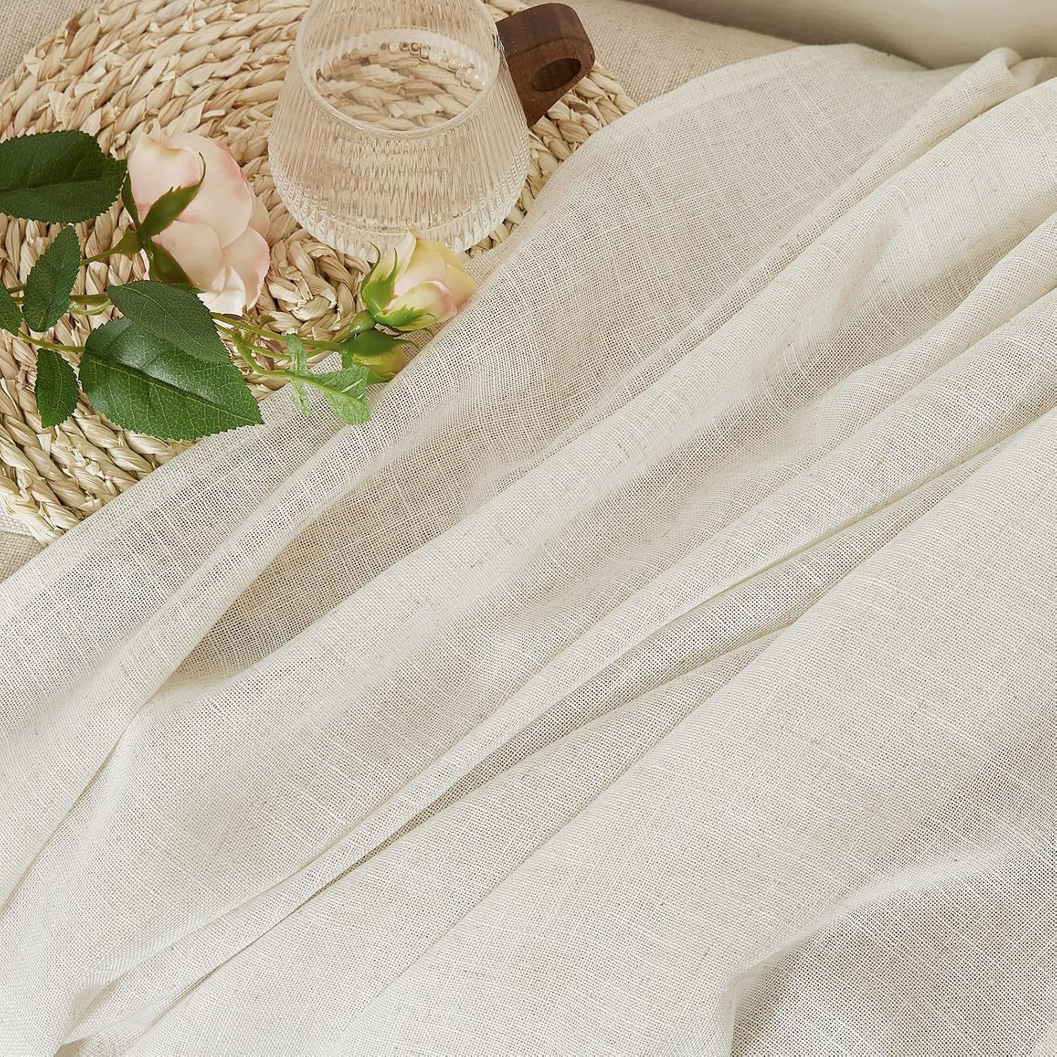 image:imageNICETOWN Linen Textured Semi Sheer Bedroom Curtains Grommet Top Casual Thick Semitransparent Flax Sheer Window Treatment Privacy for Living Room Camel W52 x L72 Sold by 2 PanelsLinen