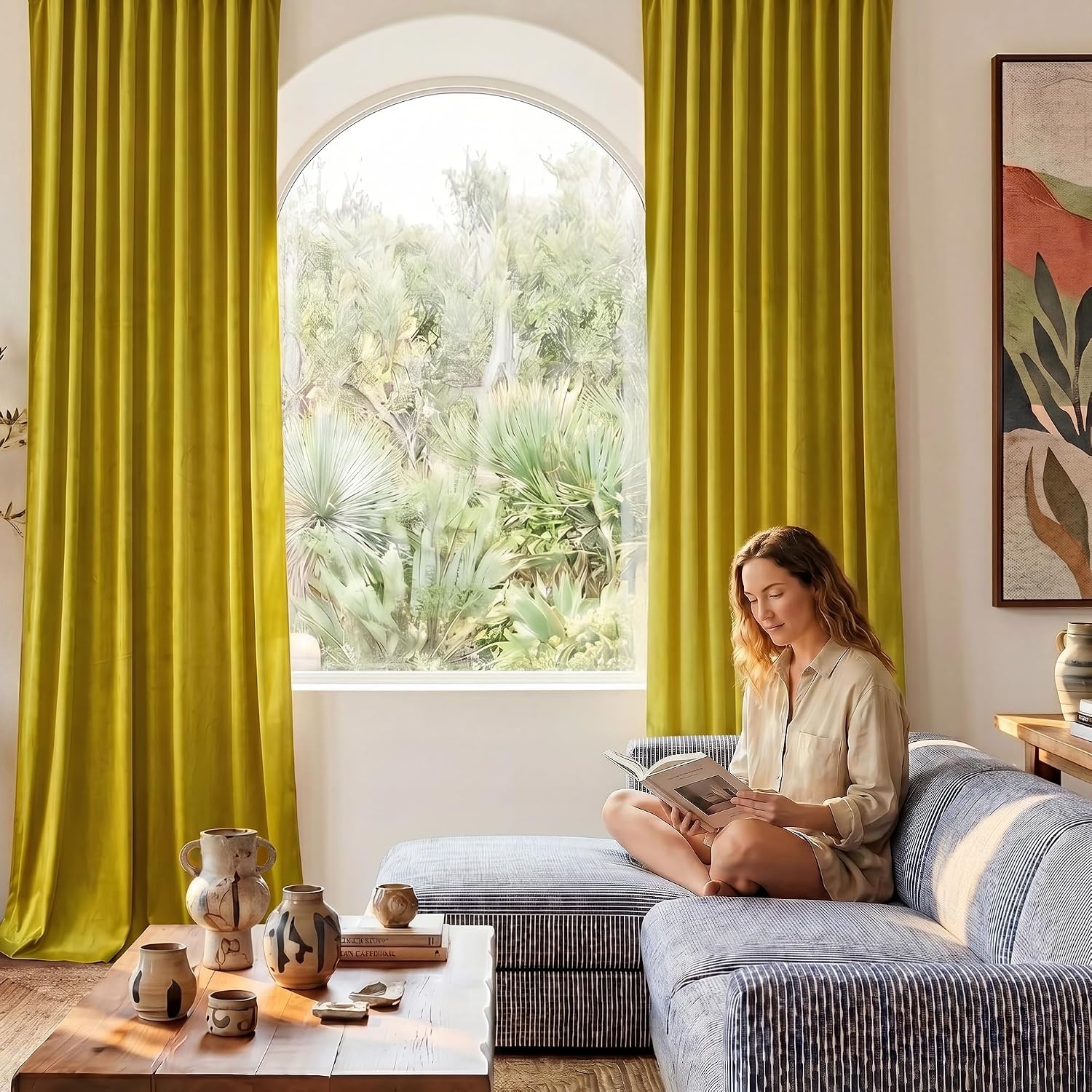 image:imageNICETOWN Olive Green Velvet Blackout Curtains 84 Long 52 Wide 2 PanelsChartreuse Yellow