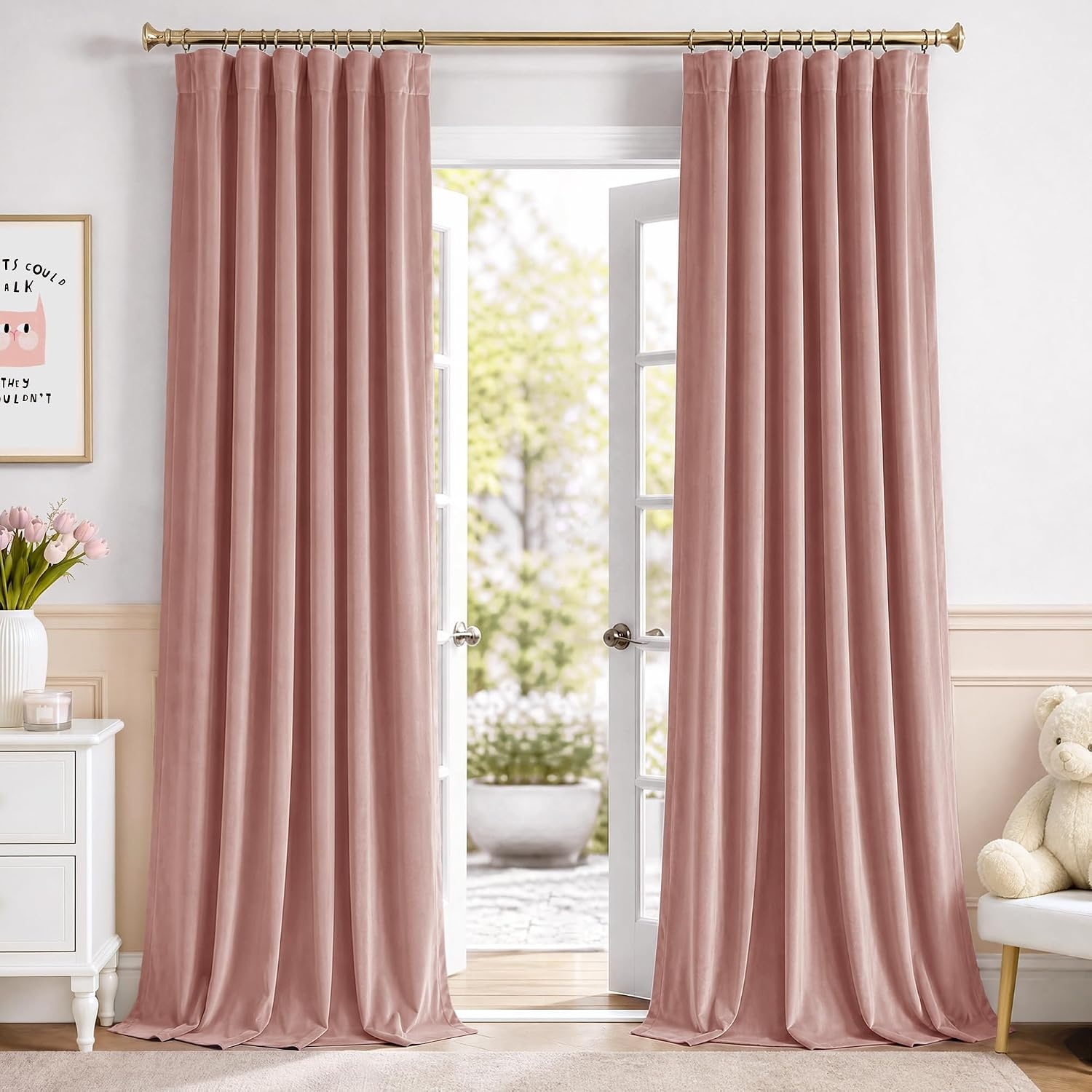 image:imageNICETOWN Olive Green Velvet Blackout Curtains 84 Long 52 Wide 2 PanelsDusty Pink