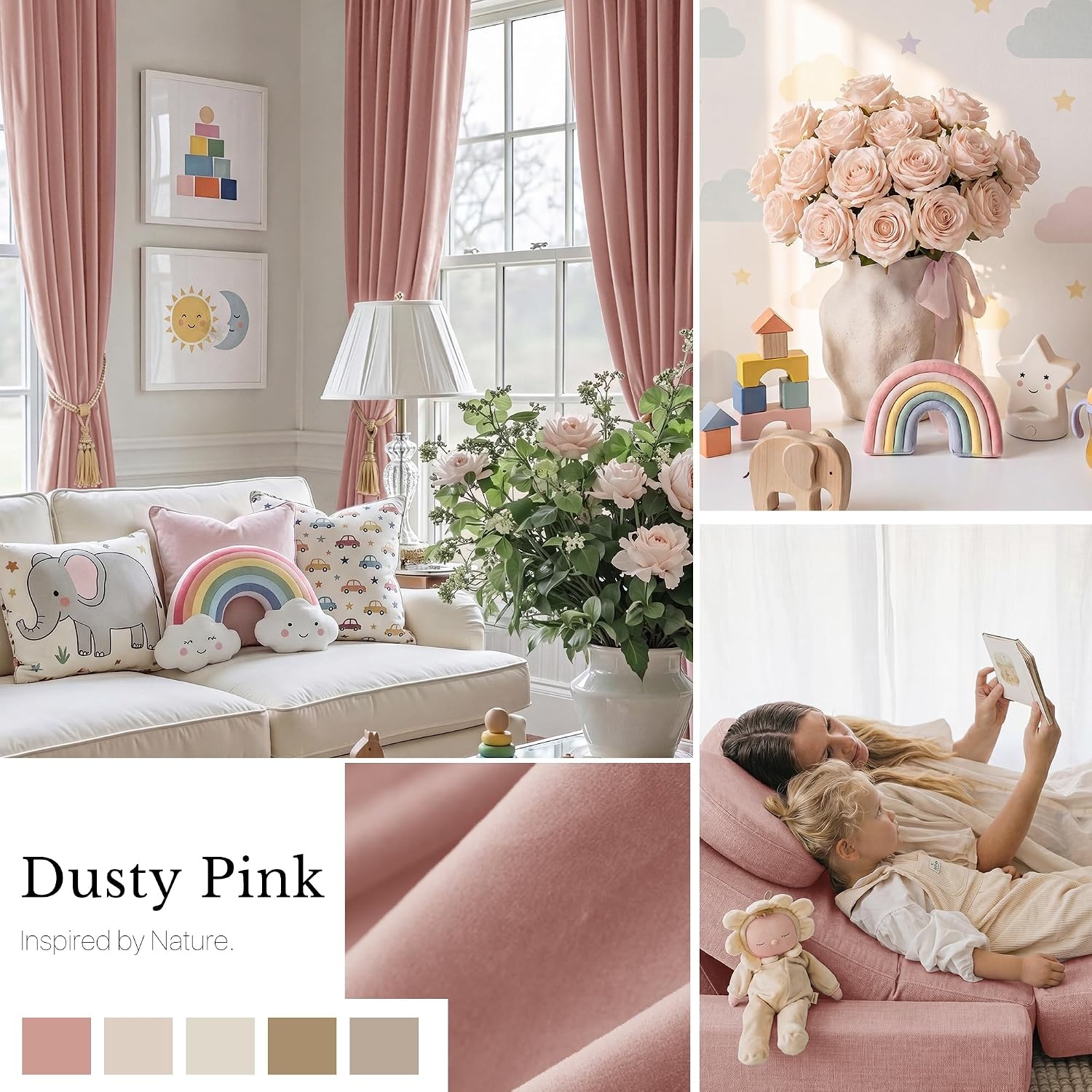 image:imageNICETOWN Olive Green Velvet Blackout Curtains 84 Long 52 Wide 2 PanelsDusty Pink