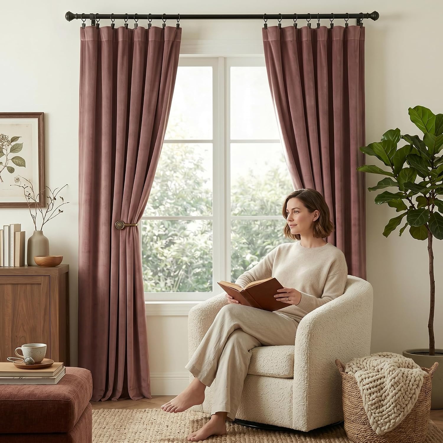 image:imageNICETOWN Olive Green Velvet Blackout Curtains 84 Long 52 Wide 2 PanelsDusty Rose Pink