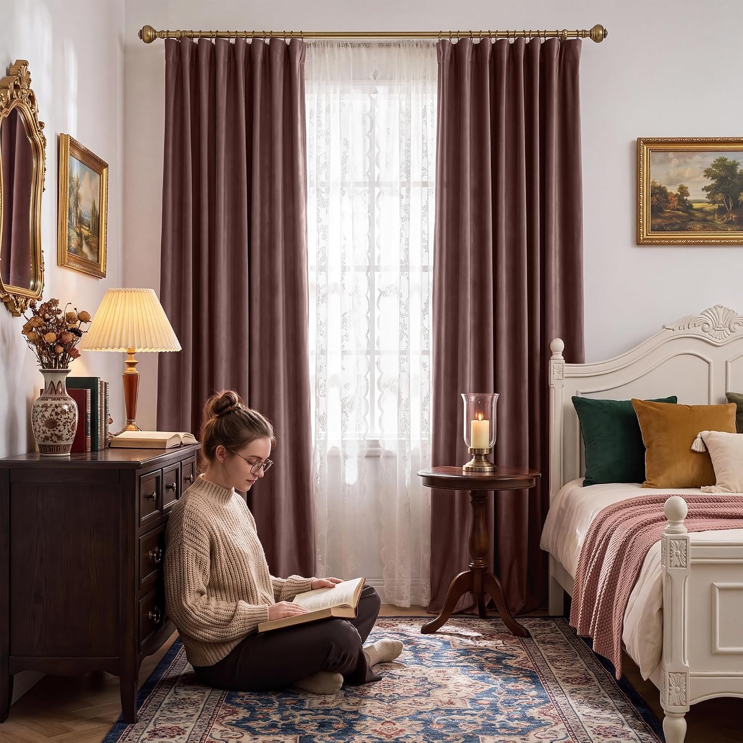 image:imageNICETOWN Olive Green Velvet Blackout Curtains 84 Long 52 Wide 2 PanelsDusty Rose Pink