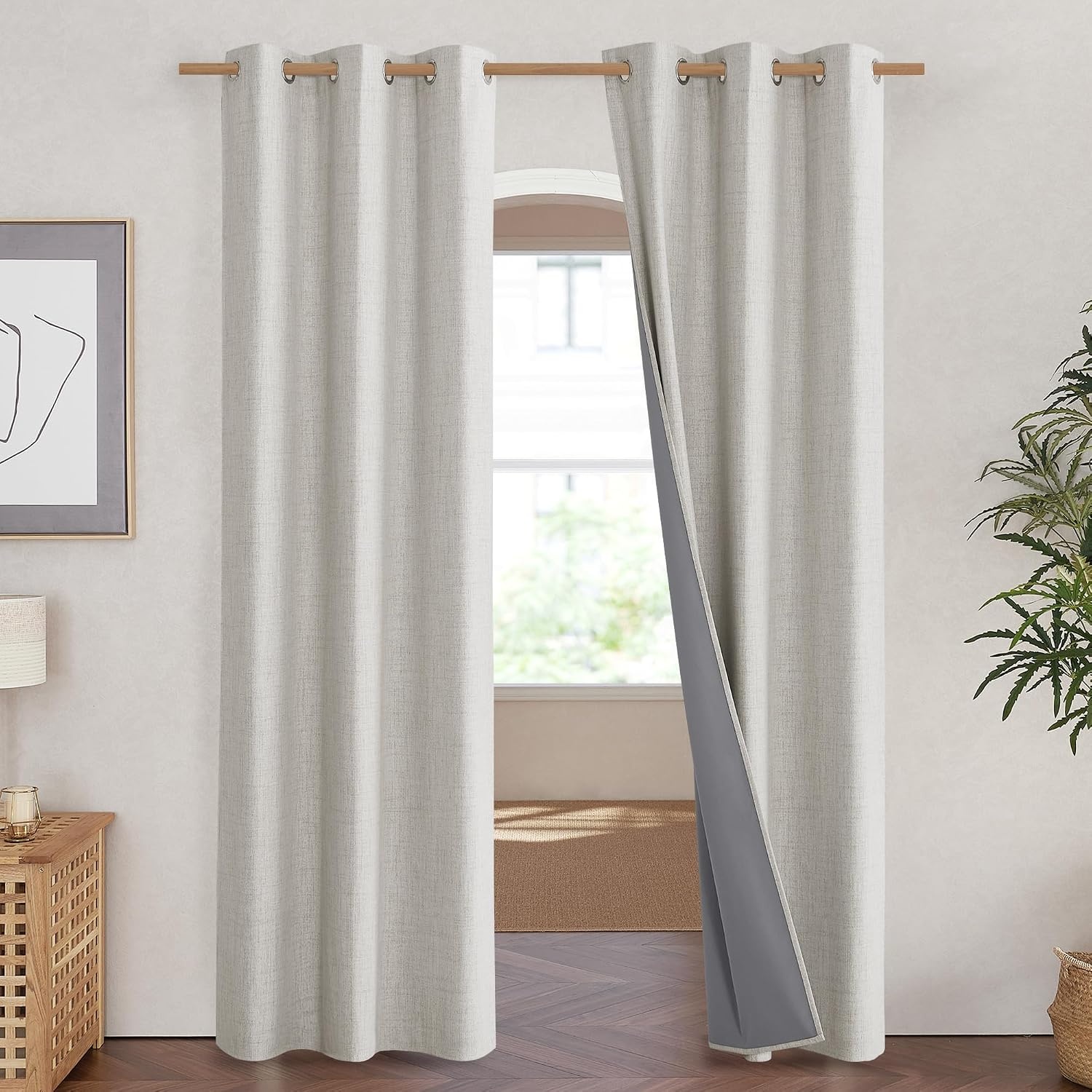 image:imageNICETOWN Snowbound Vintage Linen 100 Blackout Curtains for Living Room Thermal Insulated Curtains 84 Long Noise Reducing Window Treatment Drapes for Hall Room 42 Wide Per Panel Set of 2