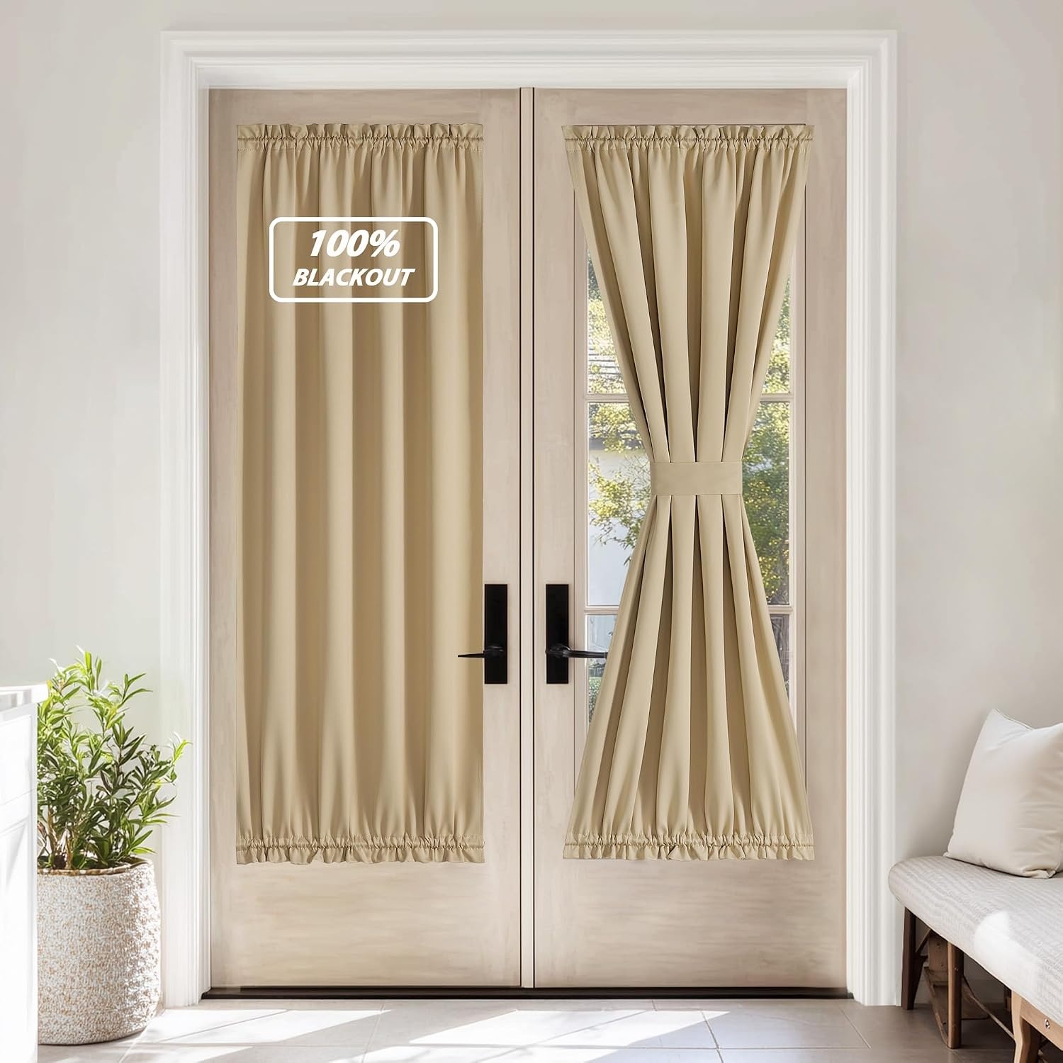 image:imageNICETOWN Stone Blue Blackout Door Curtains with Tieback for French Window100 Blackout Biscotti Beige