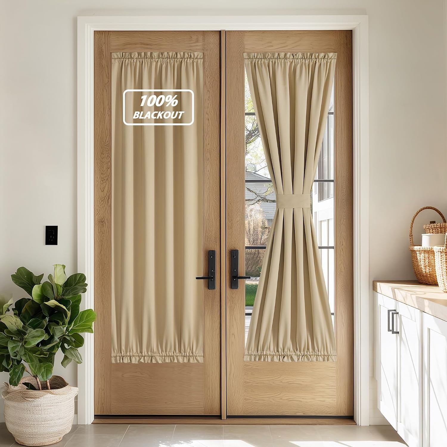 image:imageNICETOWN Stone Blue Blackout Door Curtains with Tieback for French Window100 Blackout Biscotti Beige