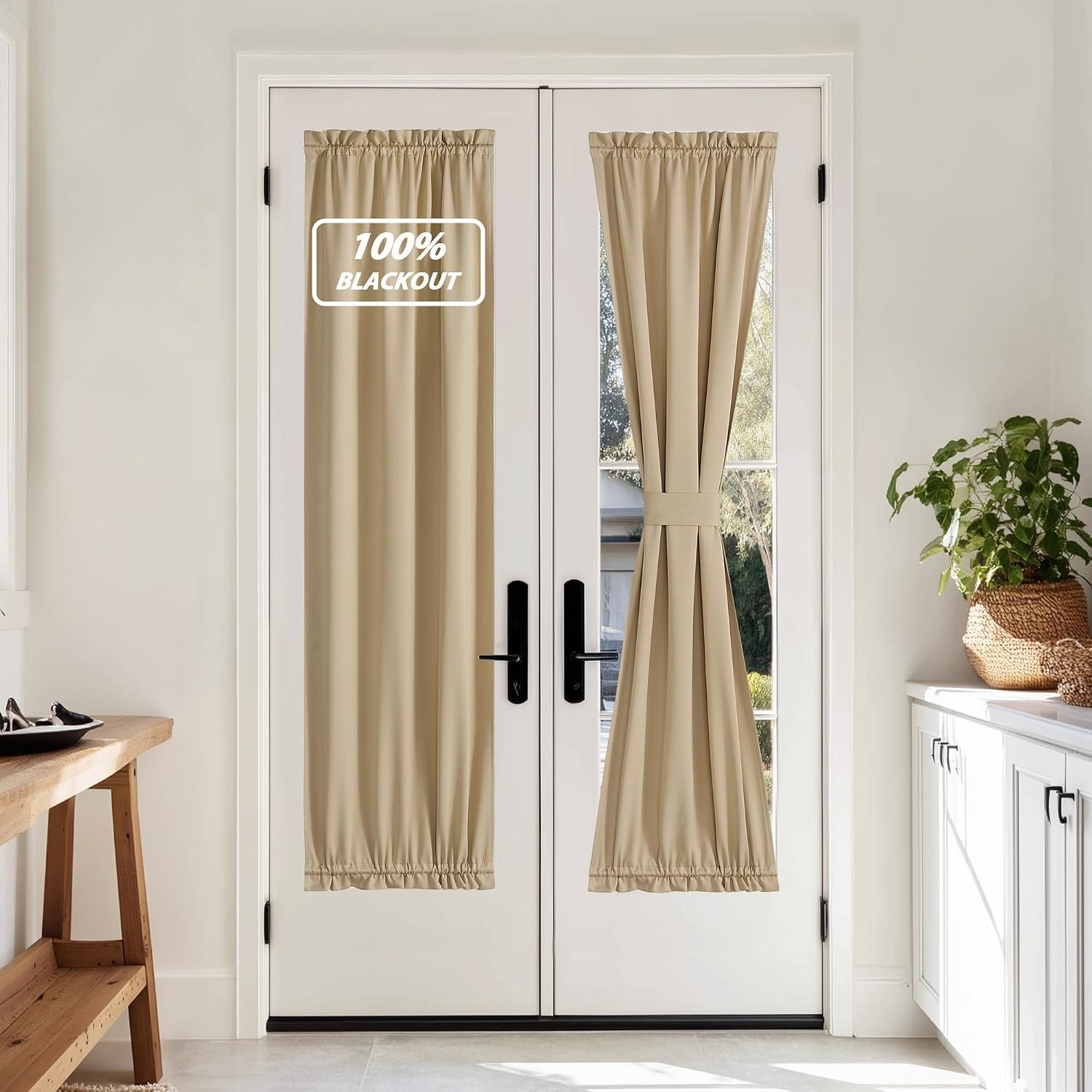 image:imageNICETOWN Stone Blue Blackout Door Curtains with Tieback for French Window100 Blackout Biscotti Beige