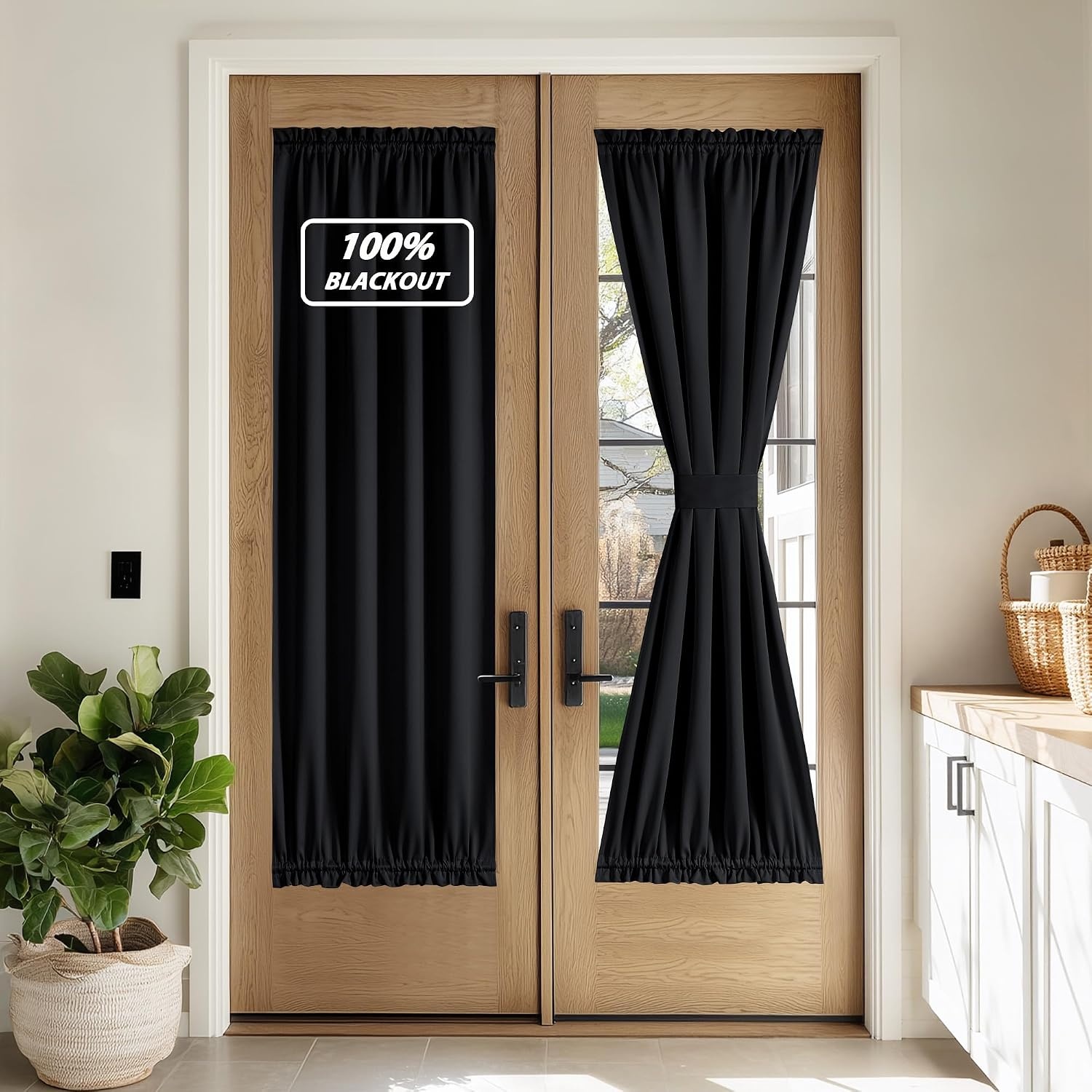 image:imageNICETOWN Stone Blue Blackout Door Curtains with Tieback for French Window100 Blackout Black