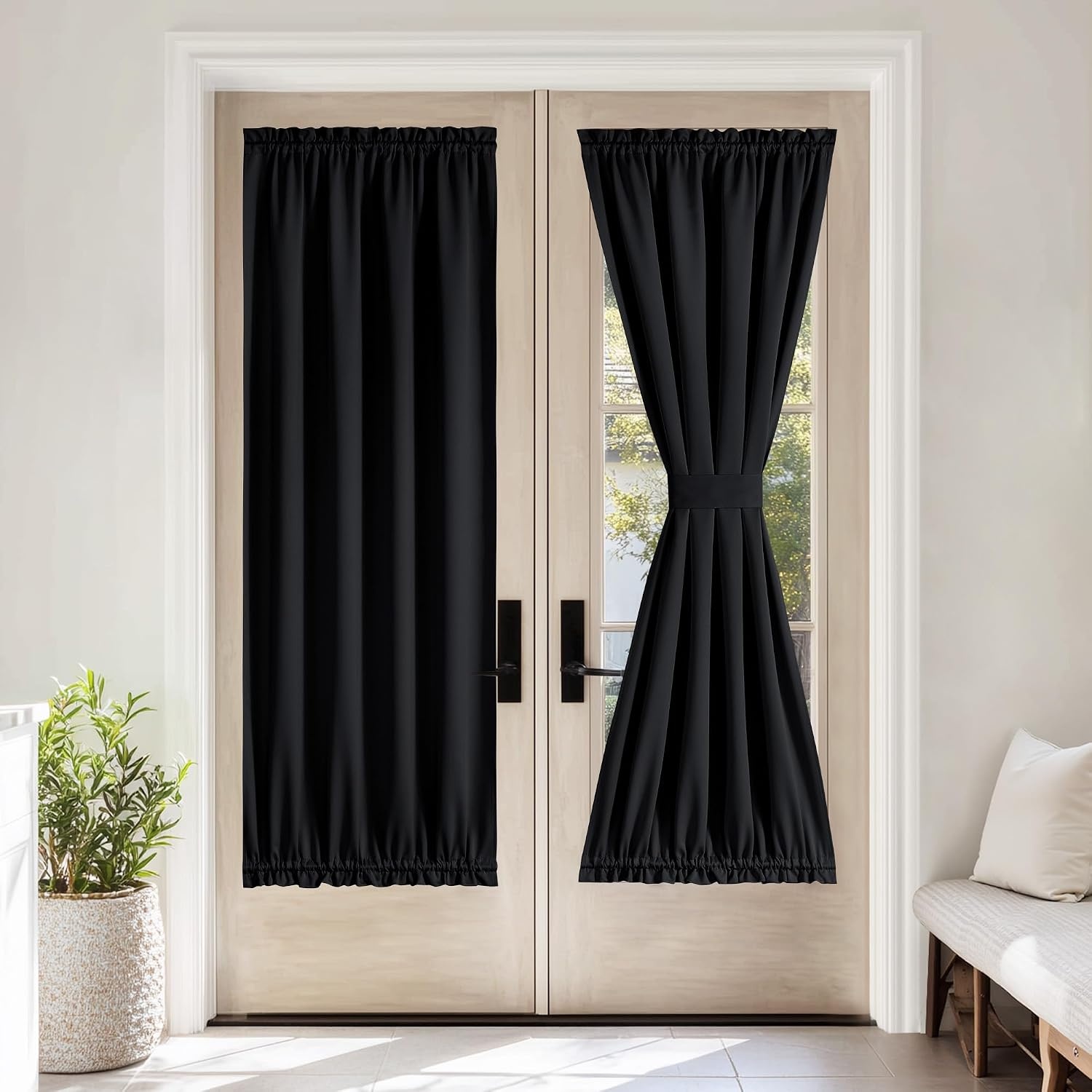 image:imageNICETOWN Stone Blue Blackout Door Curtains with Tieback for French Window100 Blackout Black