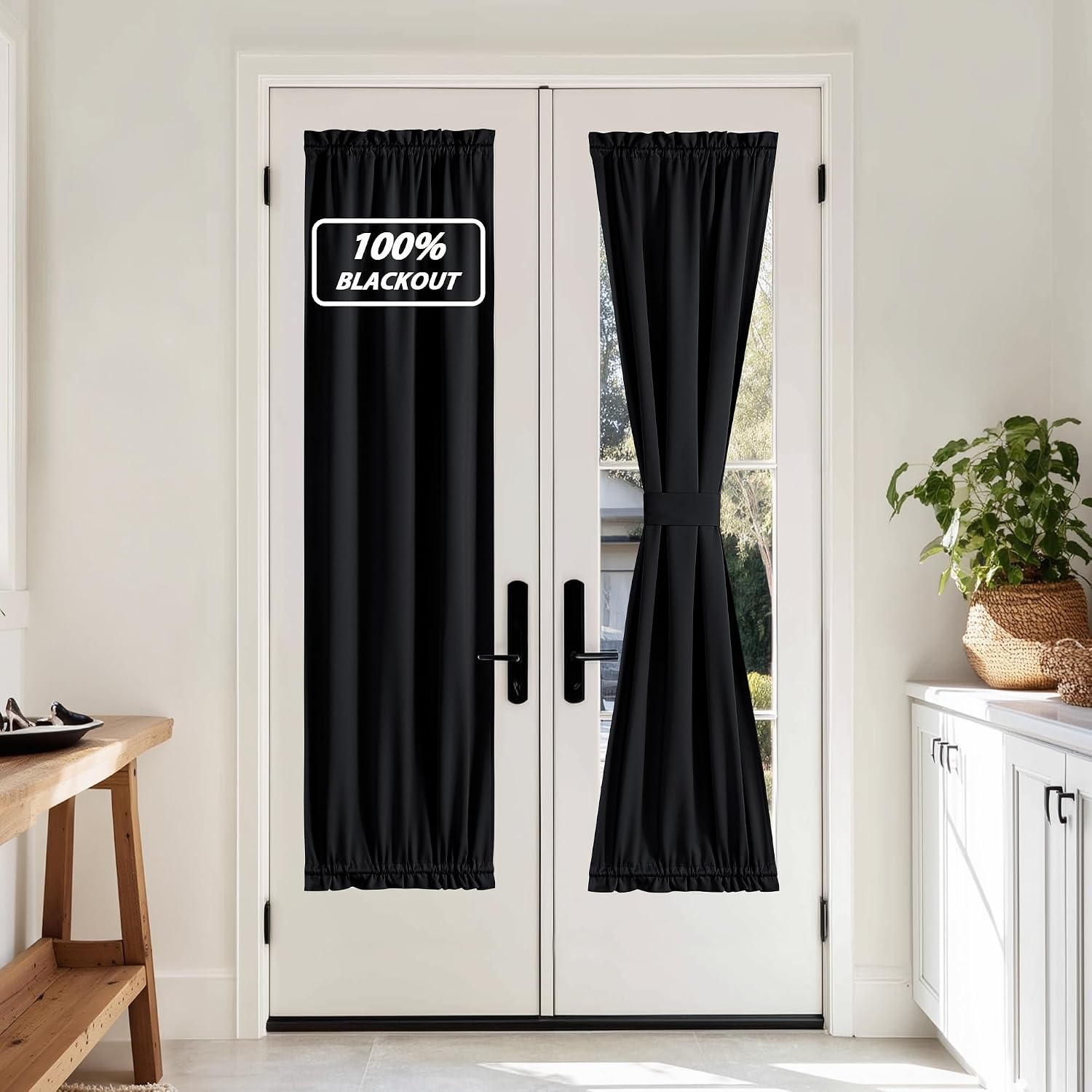 image:imageNICETOWN Stone Blue Blackout Door Curtains with Tieback for French Window100 Blackout Black