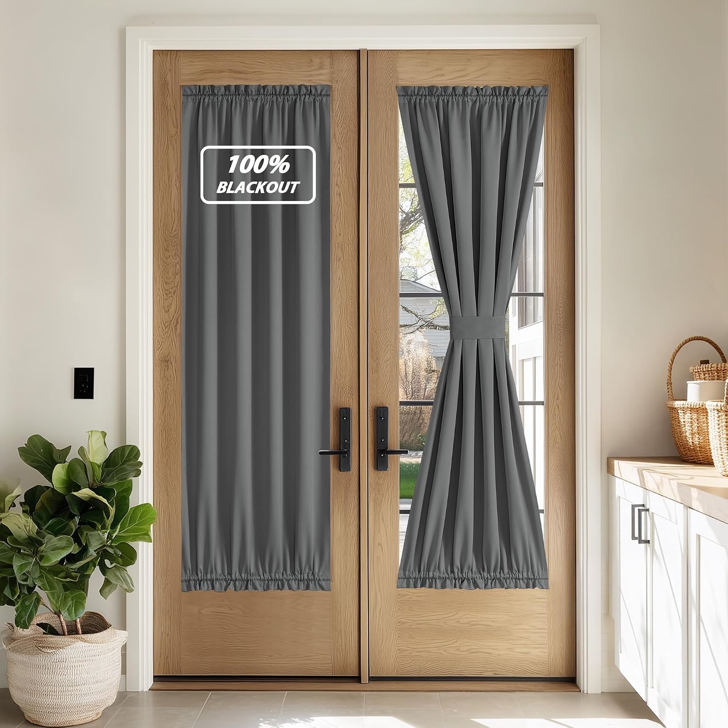 image:imageNICETOWN Stone Blue Blackout Door Curtains with Tieback for French Window100 Blackout Grey