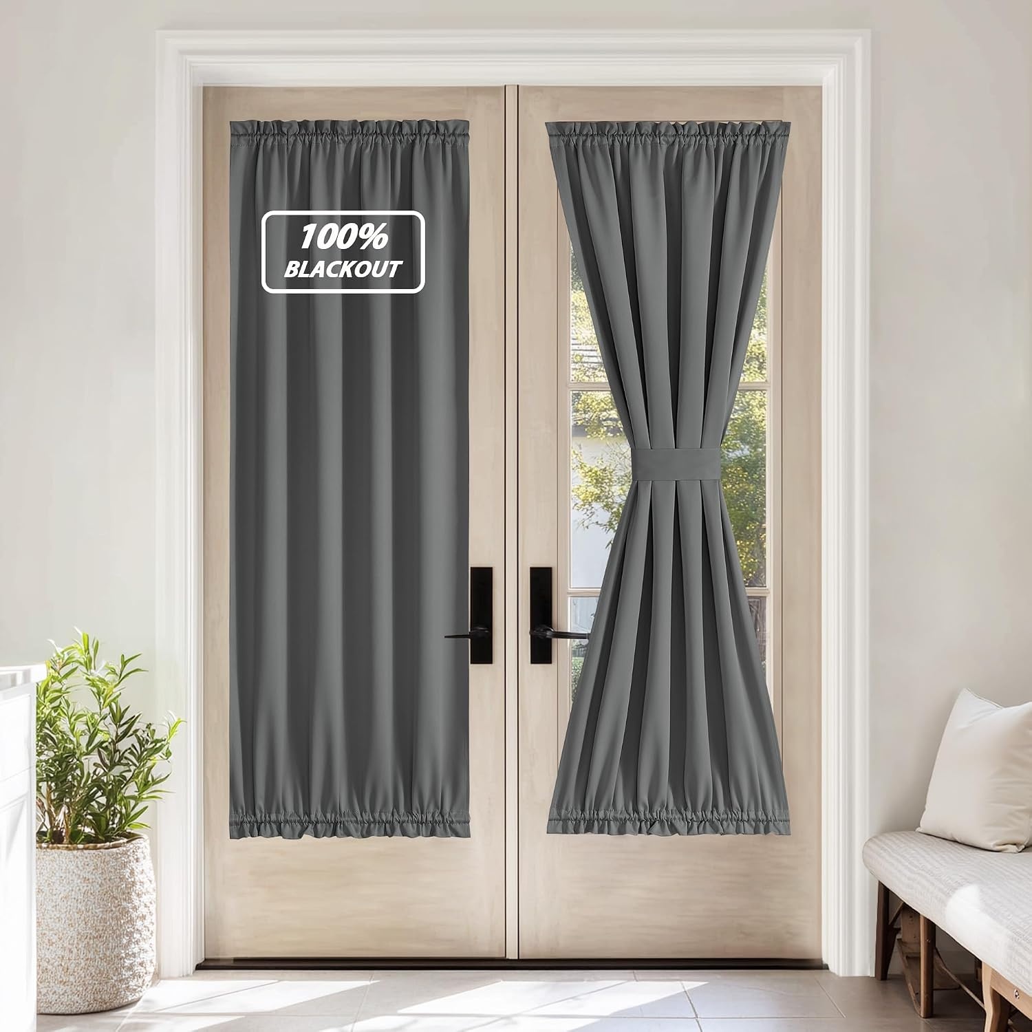 image:imageNICETOWN Stone Blue Blackout Door Curtains with Tieback for French Window100 Blackout Grey