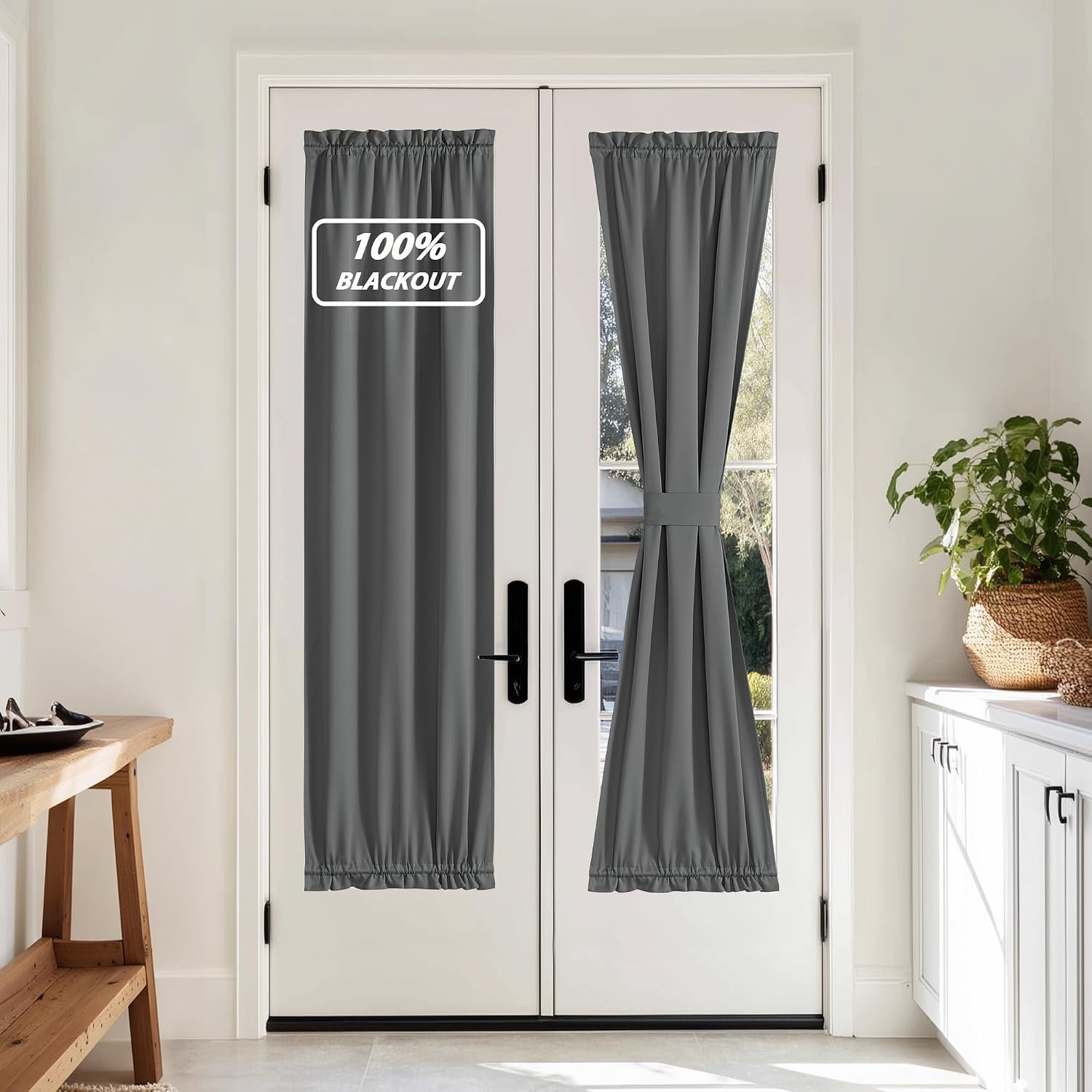 image:imageNICETOWN Stone Blue Blackout Door Curtains with Tieback for French Window100 Blackout Grey